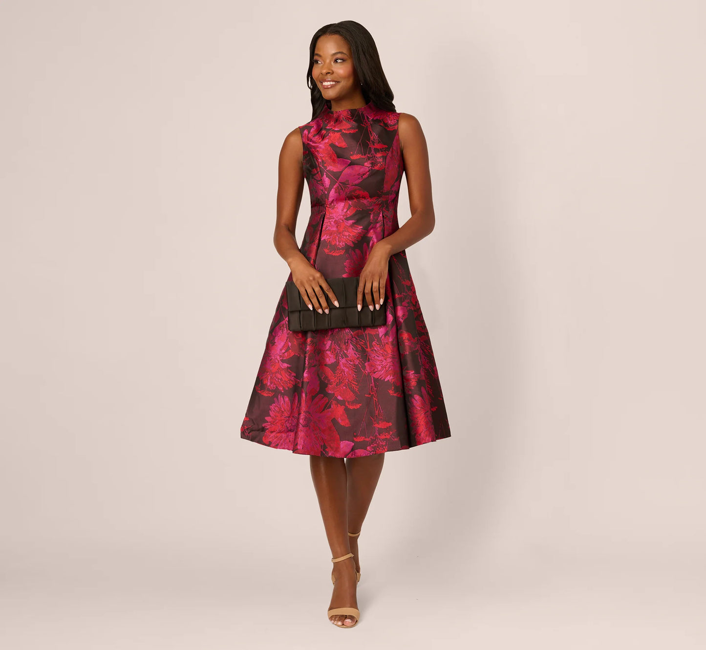 Sleeveless Chrysanthemum Floral Jacquard Midi Dress In Pink Multi