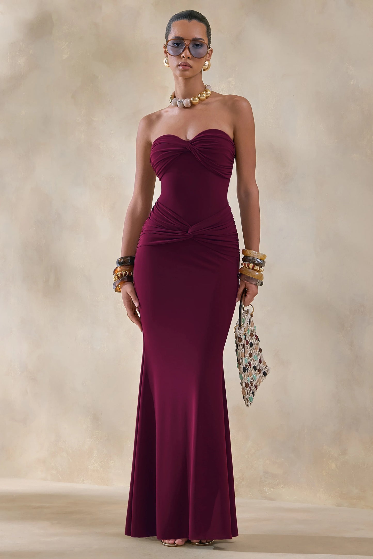 Elodia Burgundy Bandeau Maxi Dress With Gathered-Detailing
