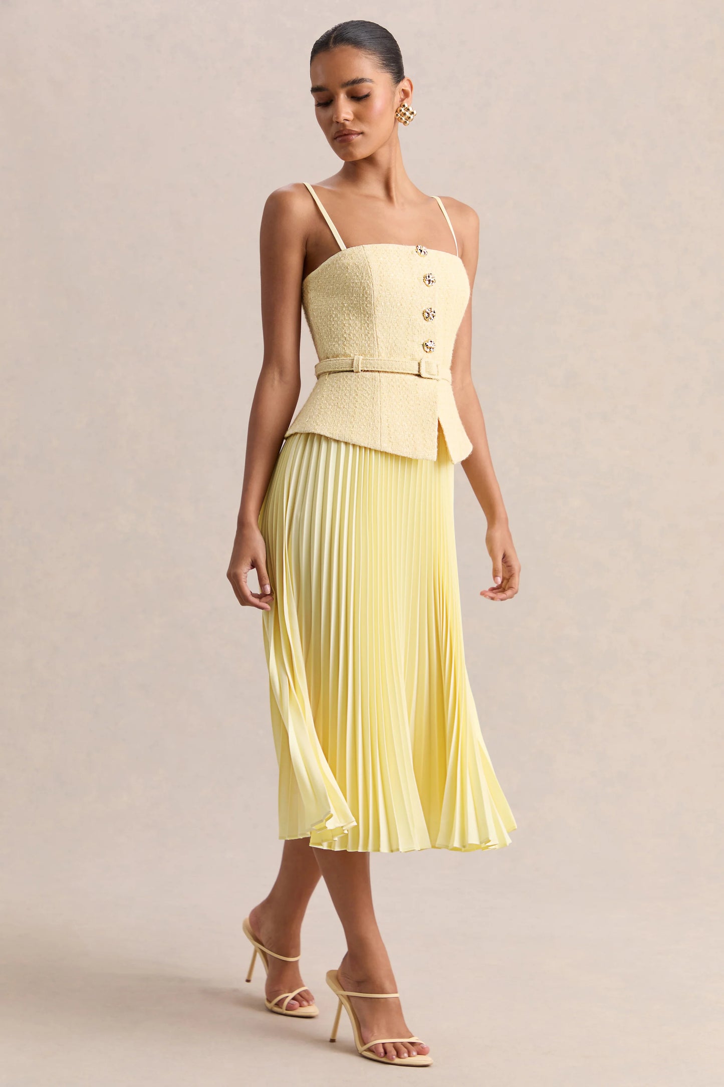 Lizzy Lemon Square-Neck Midi Dress With Pleated-Skirt