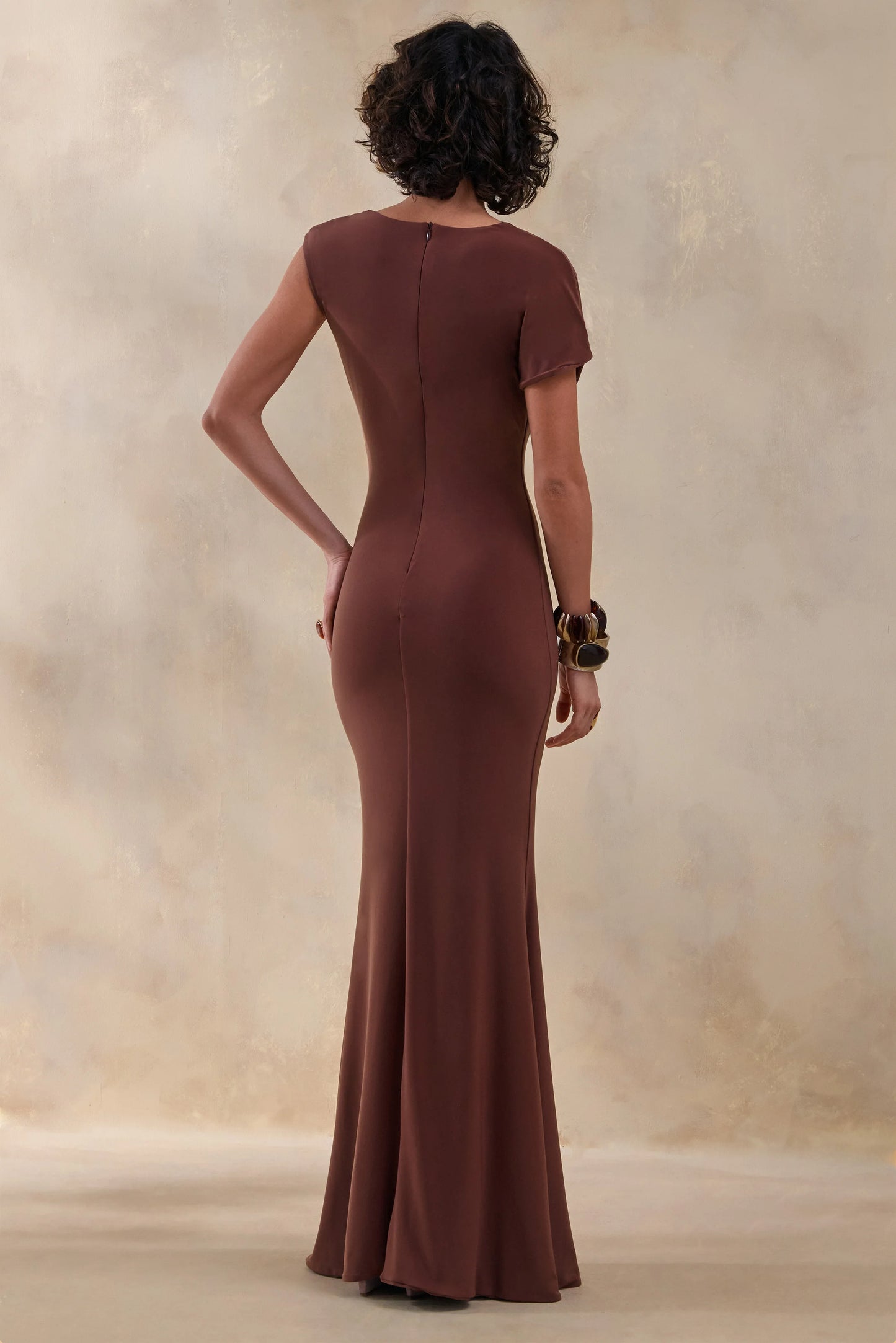 Blaire Brown Asymmetric-Neck Maxi Dress With Gold-Detailing