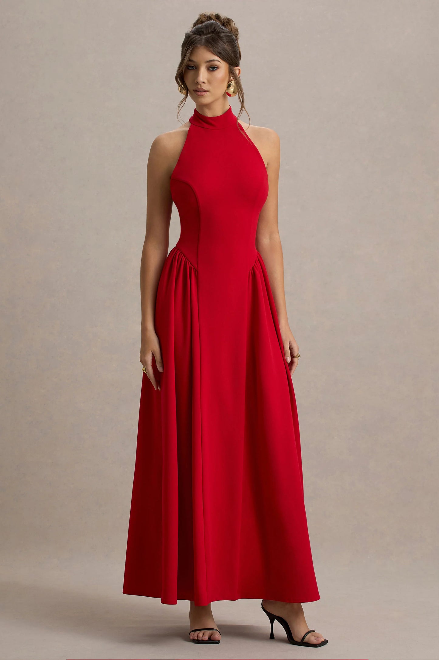 Cynthia Red High-Neck Maxi Dress With Volume Skirt