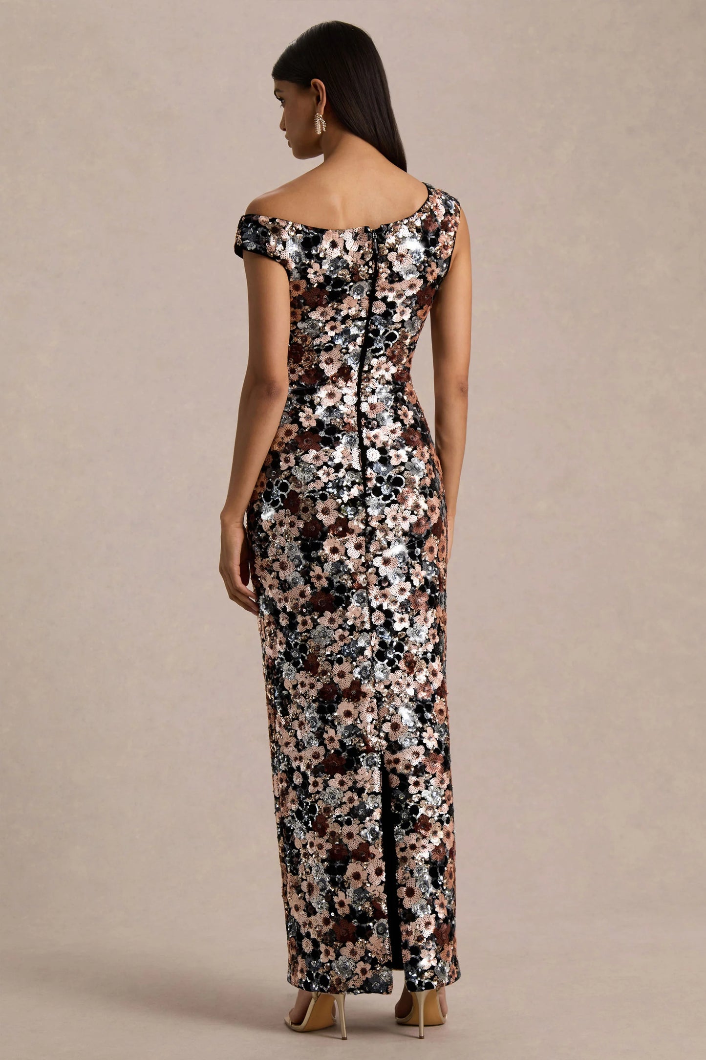 Electric Black Velvet & Embellished Sequin Floral Asymmetric-Neck Maxi Dress