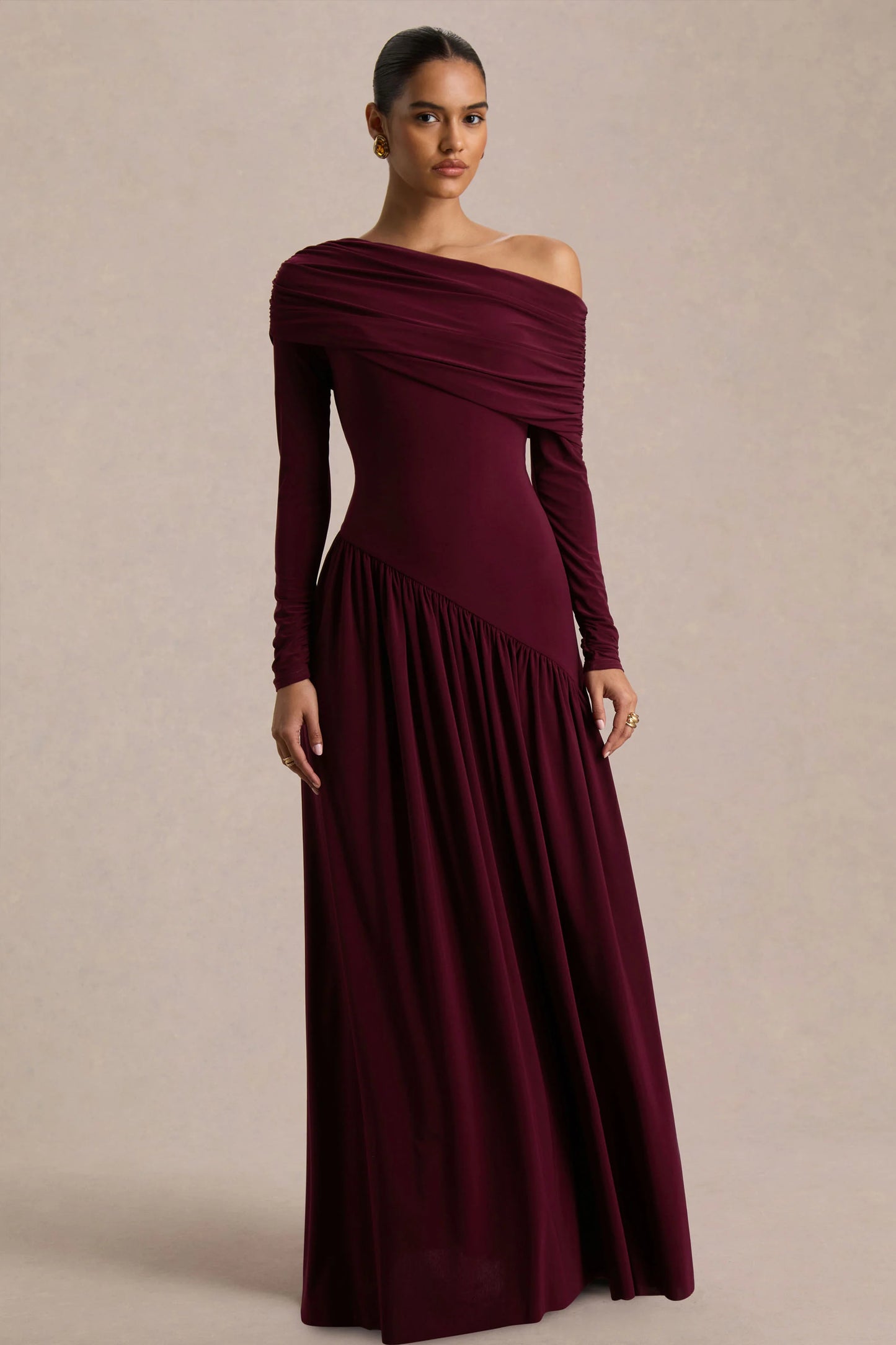 Farah Burgundy Asymmetric-Neck Maxi Dress With Drop Waist And Ruched Detailing
