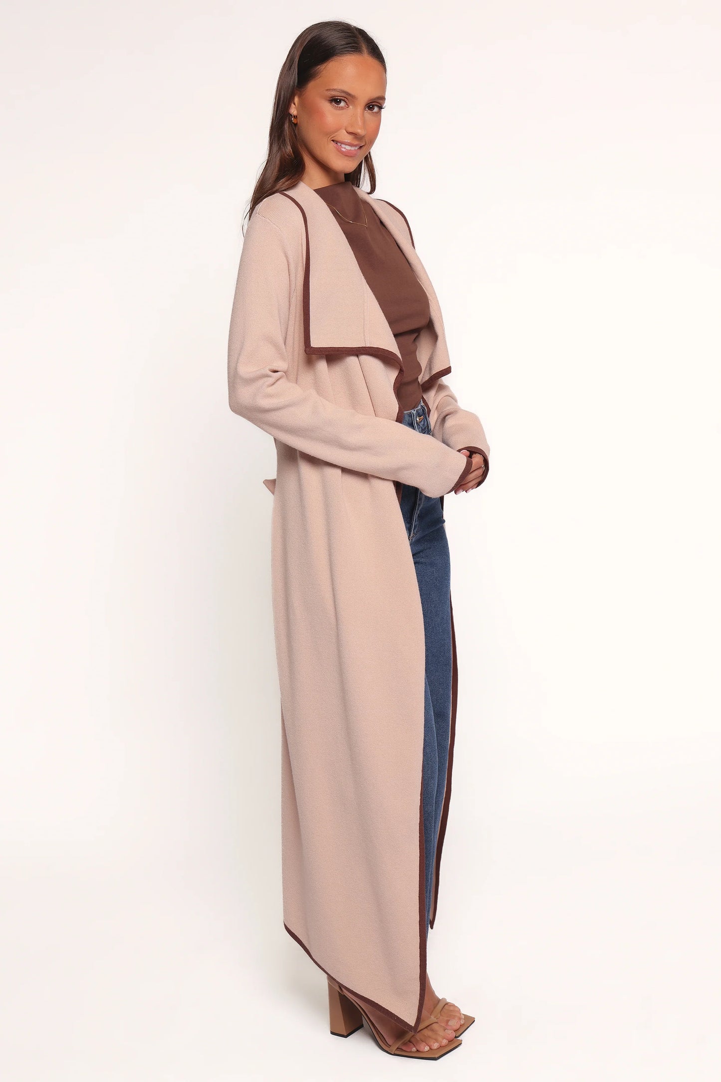 Vallis Contrast Trim Long Cardigan - Beige