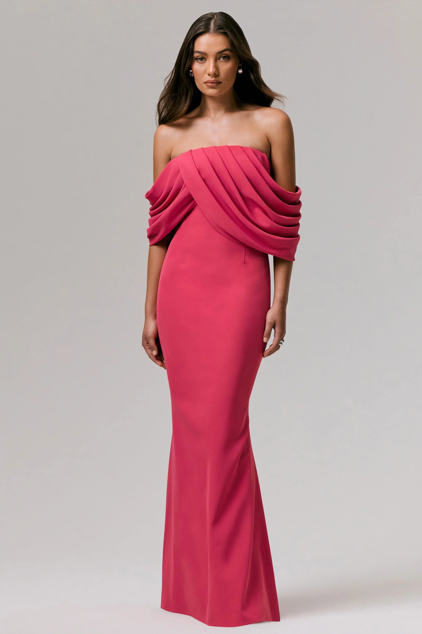 Serene Hot Pink Draped Bardot Maxi Dress