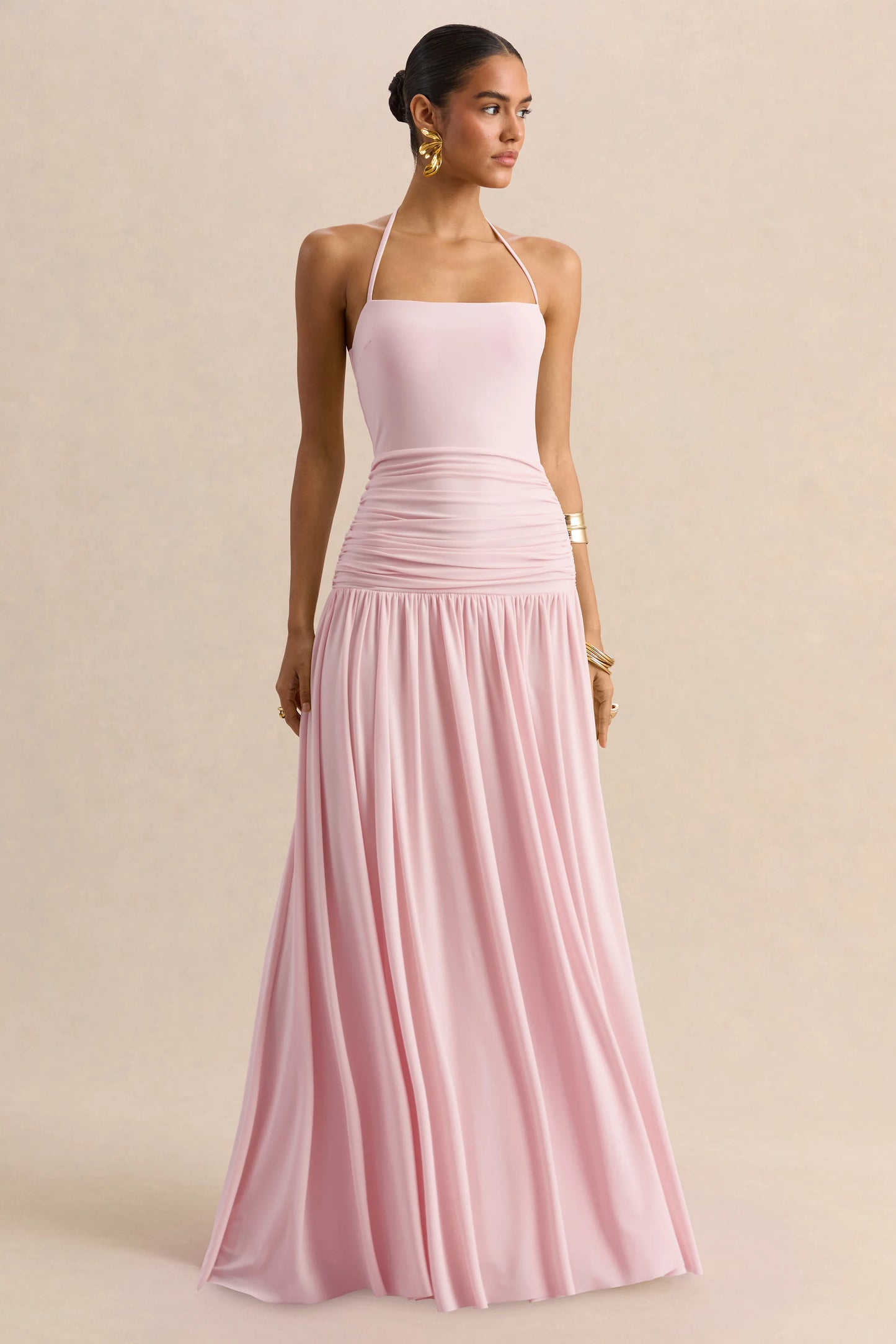 Nicolette Pink Square-Neck Maxi Dress With Ruched-Detailing