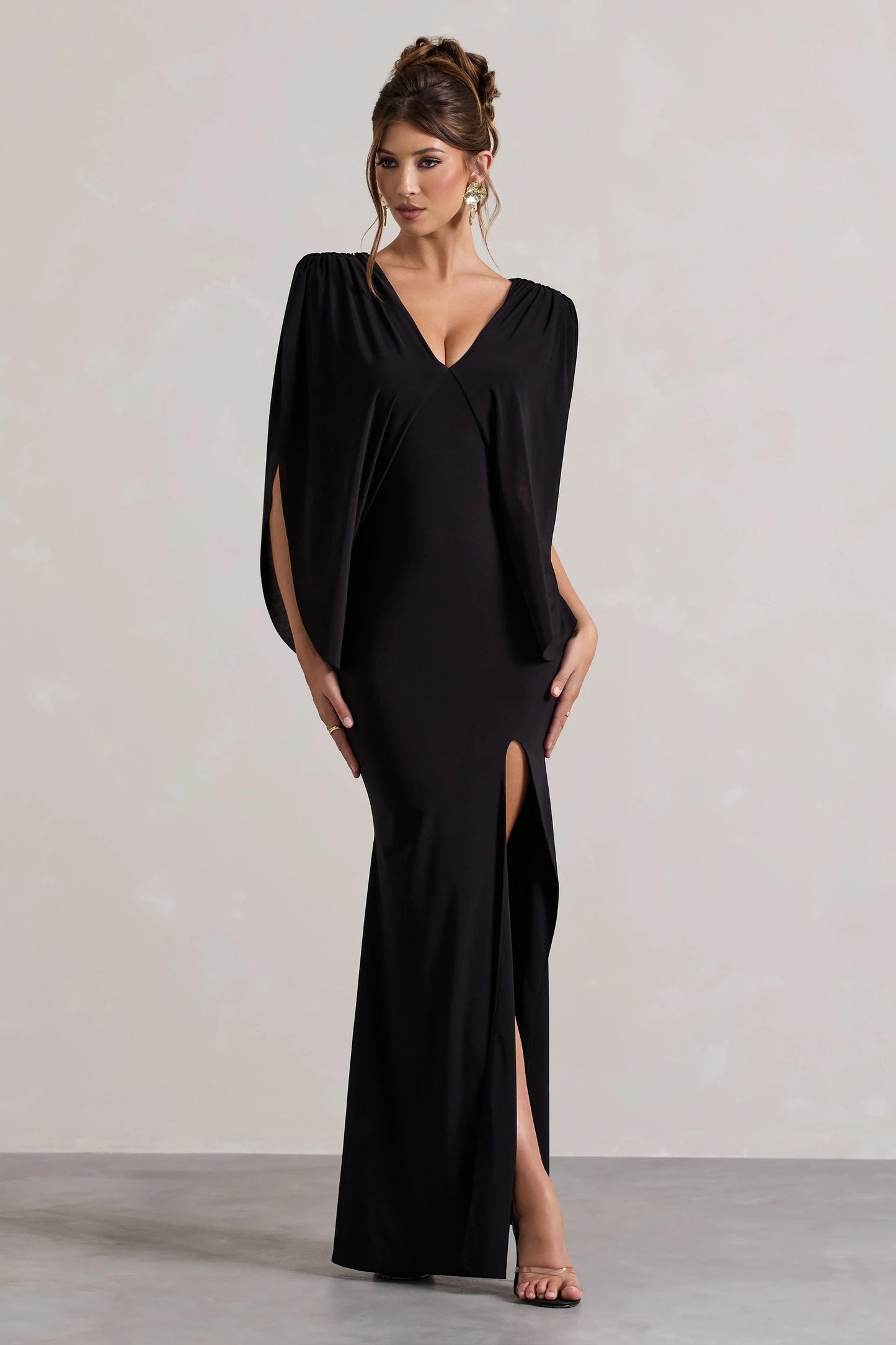 Perry Black V-Neck Cape Sleeve Split Maxi Dress