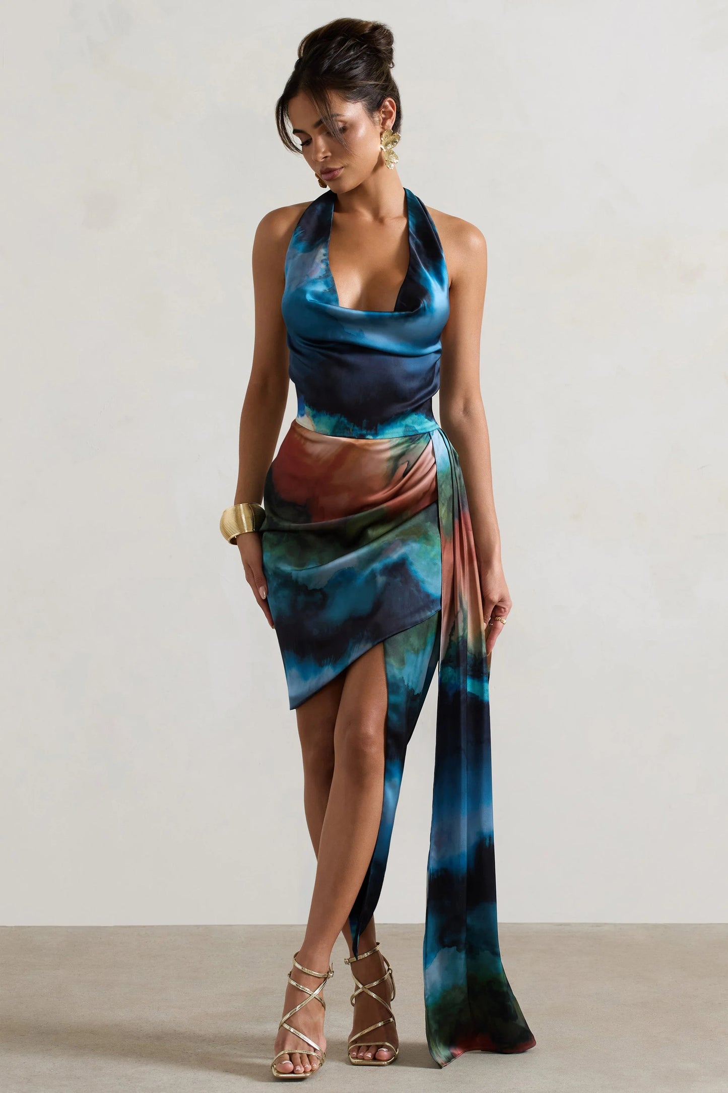 Bali Blue Blur Print Satin Cowl-Neck Draped Midi Dress