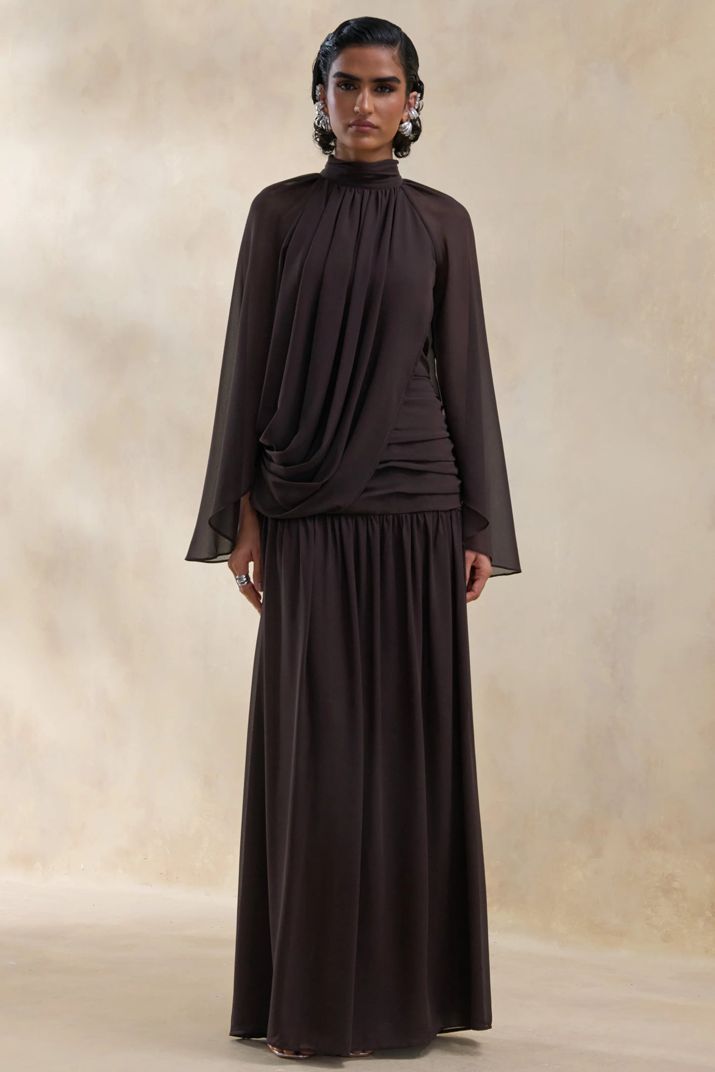 Narella Brown Chiffon High-Neck Maxi Dress With Draped-Detailing