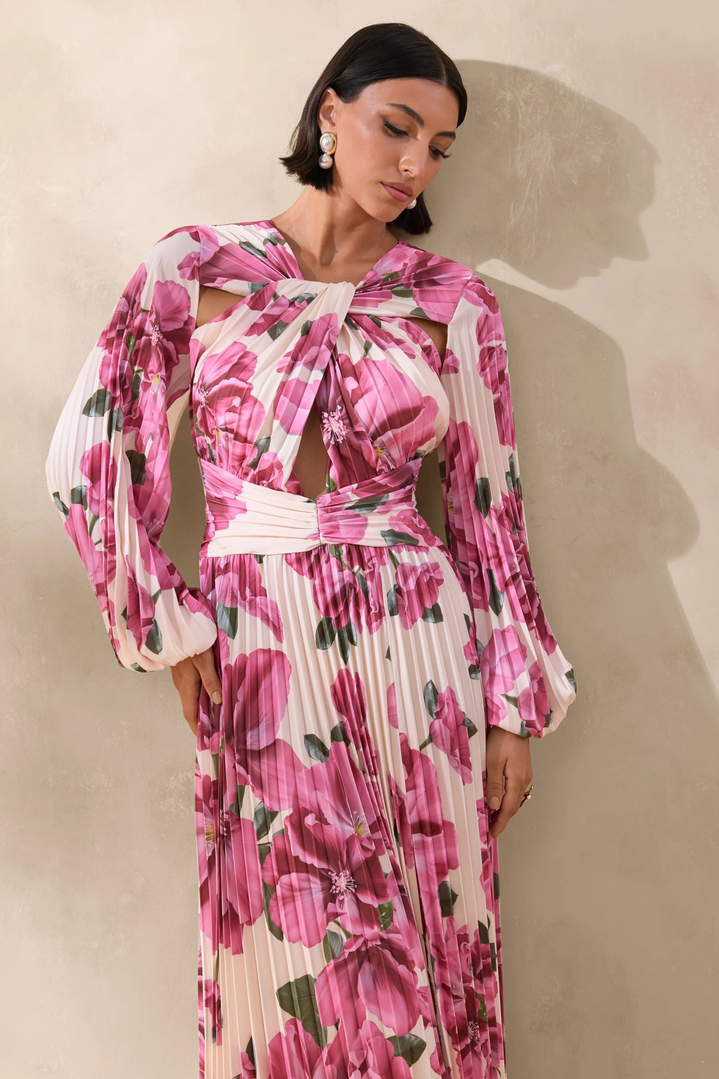 Rionna Pink Hibiscus Print High-Neck Maxi Dress With Cut-Out Detailing