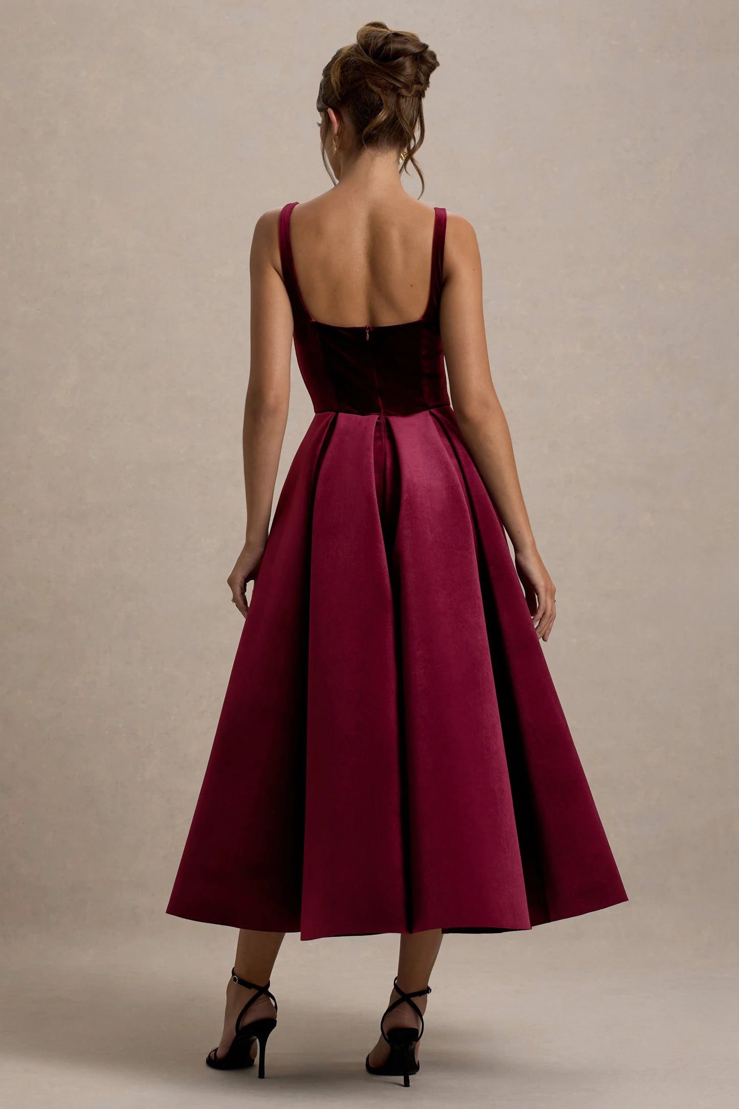 Francisca Berry Velvet Strappy Volume-Hem Midi Dress