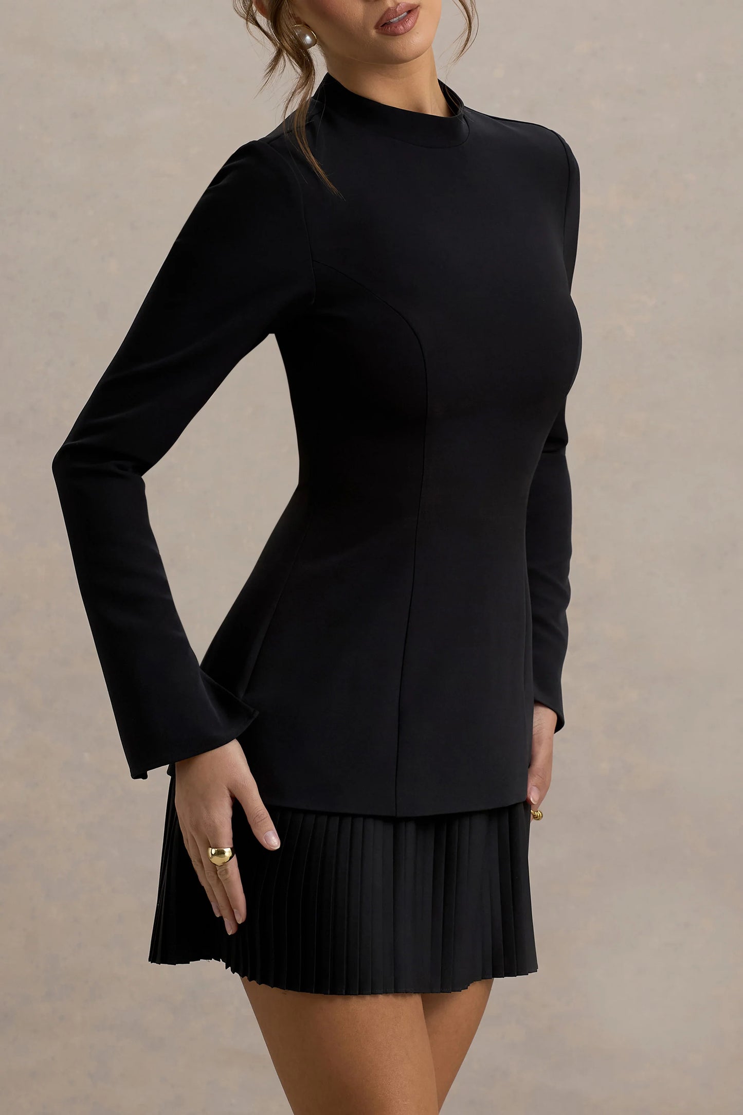 Athena Black Long-Sleeve Mini Dress With Pleated Hem