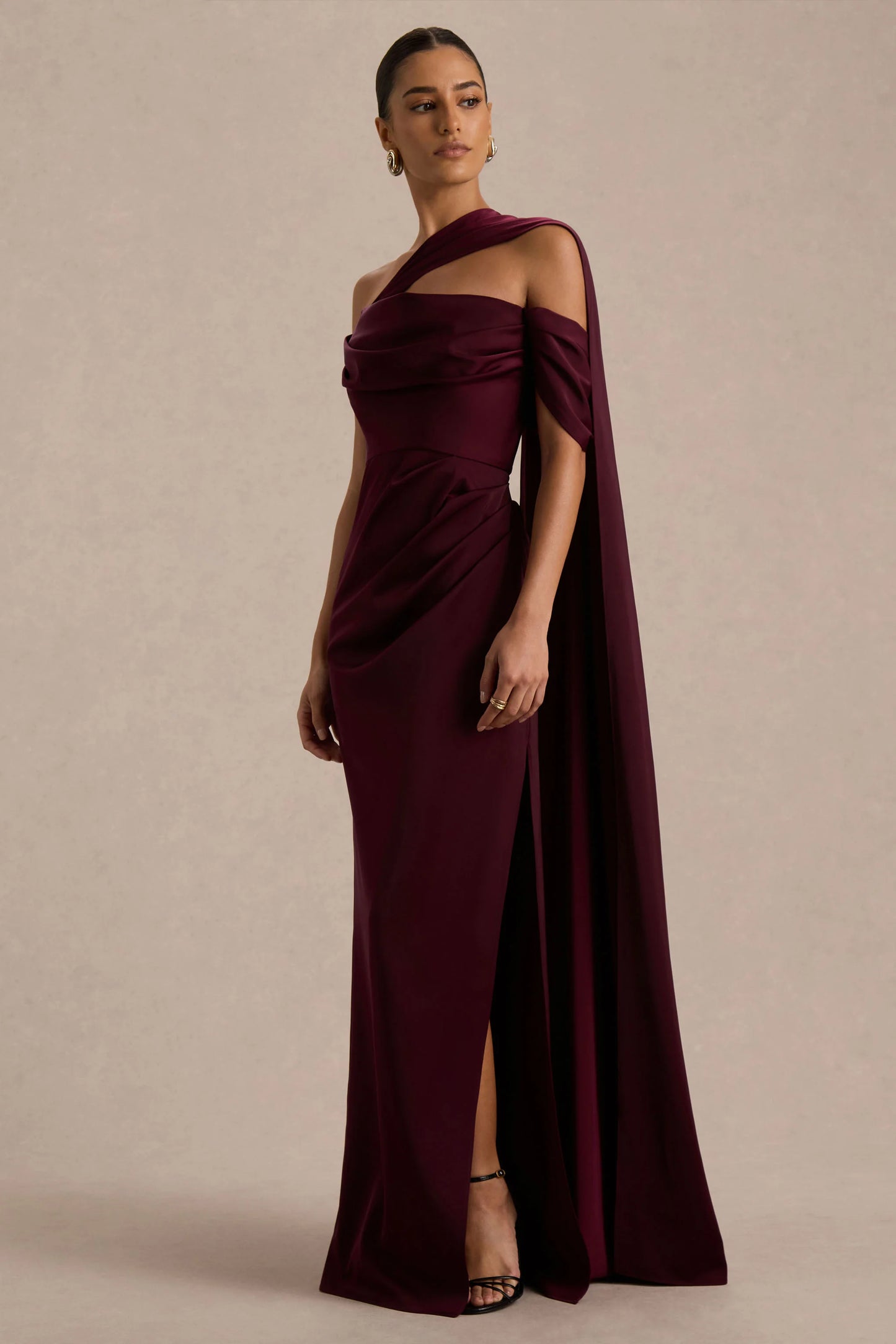 Yazmin Burgundy Satin Asymmetric Maxi Dress With One-Sleeve Cape