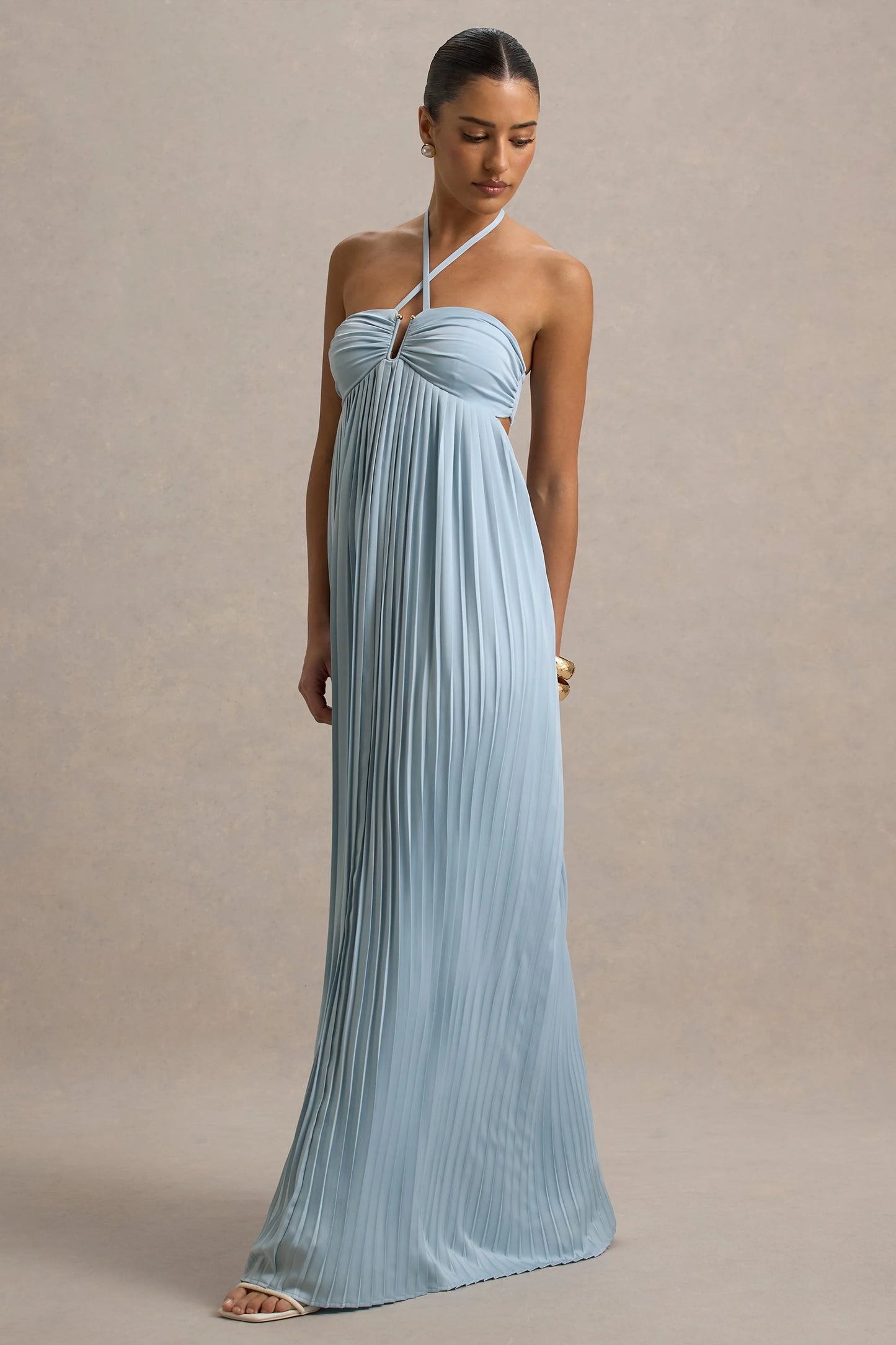 Elayne Powder Blue Halter-Neck Maxi Dress With Cut-Out Detail