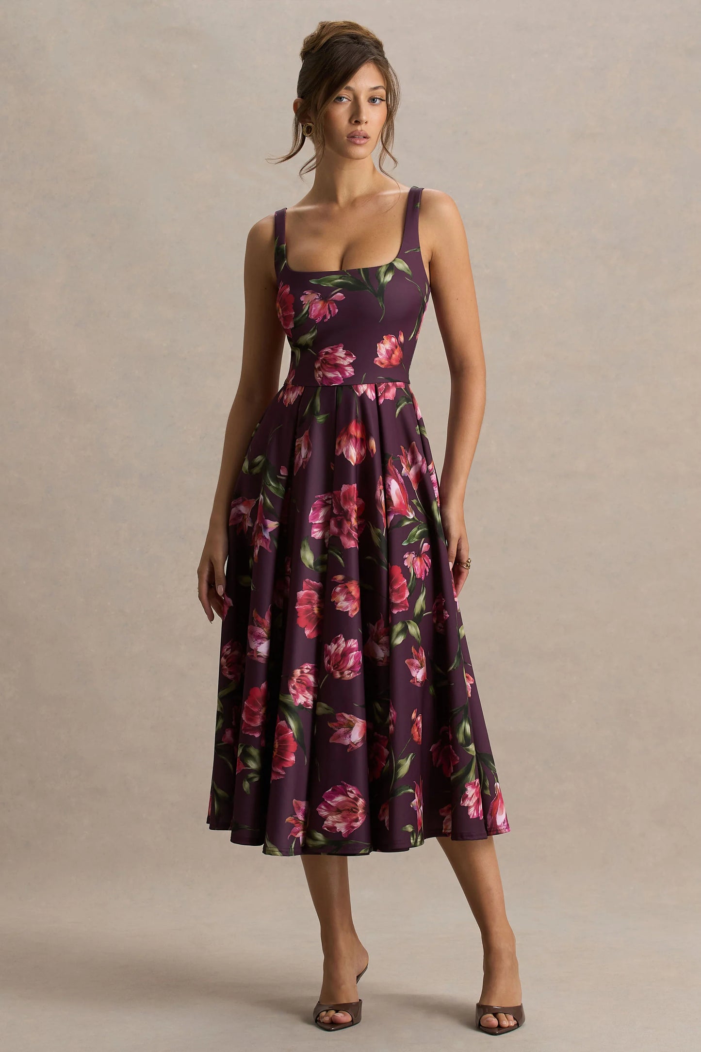 Berta Burgundy Floral Print Square-Neck Midi Dress