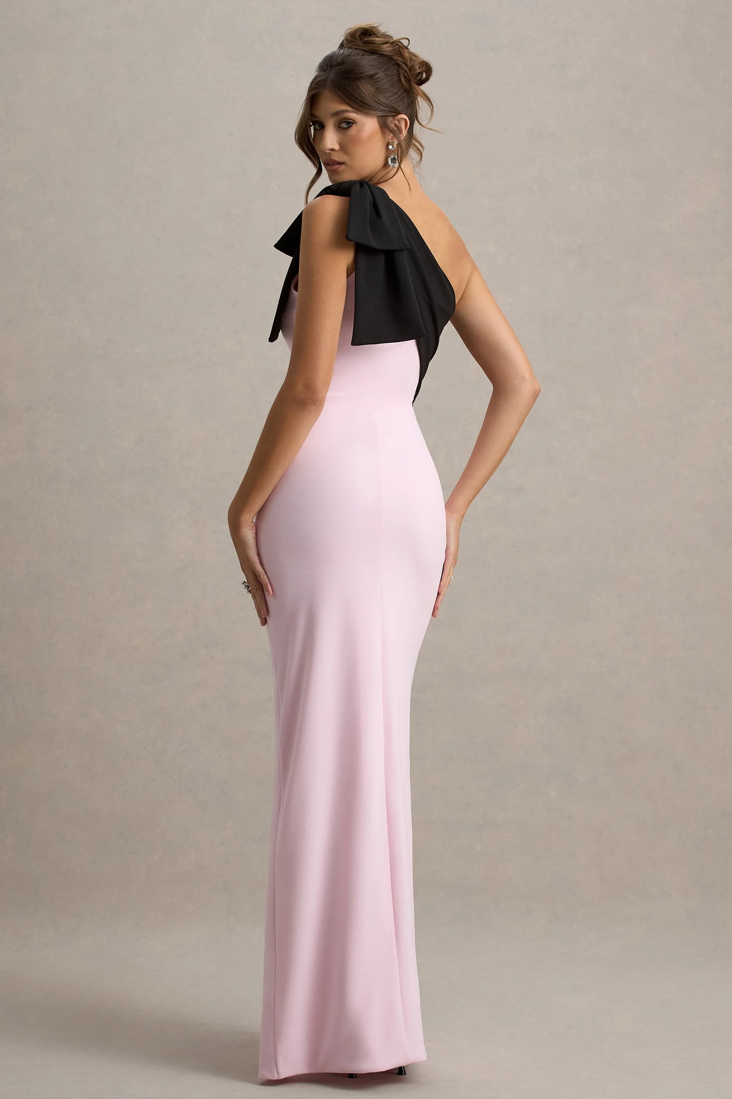Kiri Pink & Black One-Shoulder Bow Maxi Dress