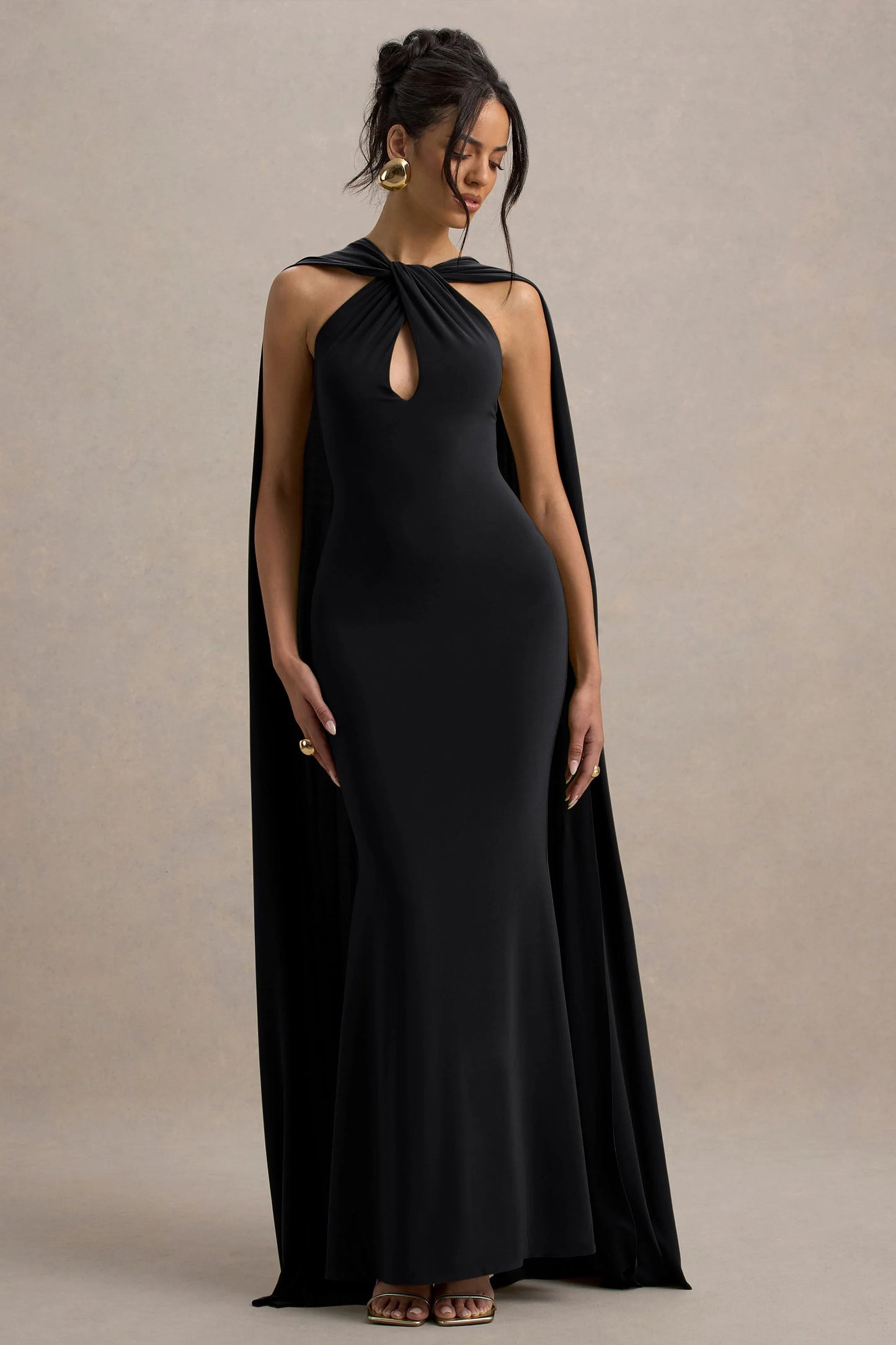 Rhoda Black Twist Halter-Neck Cape Maxi Dress