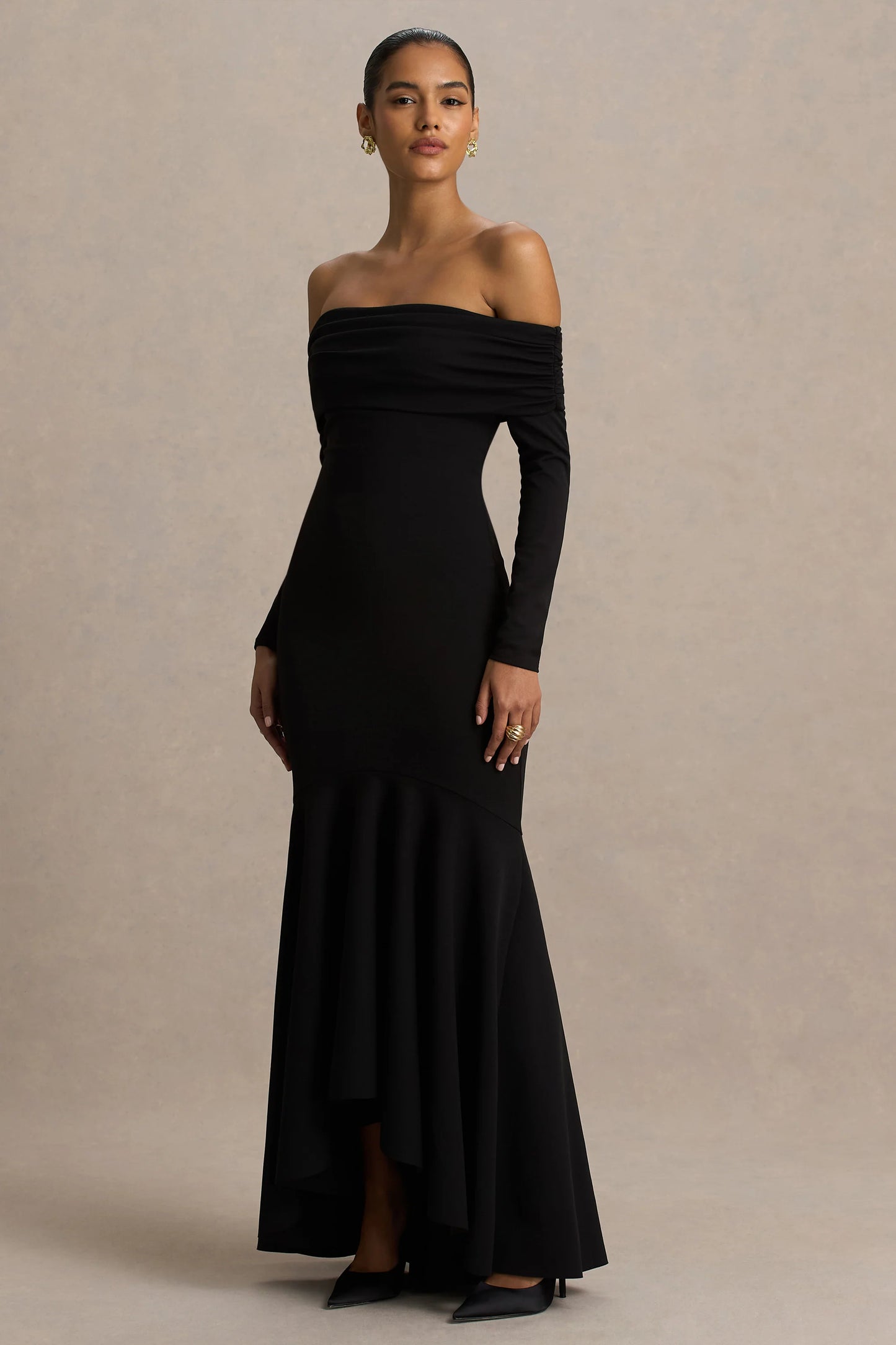 Everlasting Black Bardot-Neck Maxi Dress With Pleated Detailing