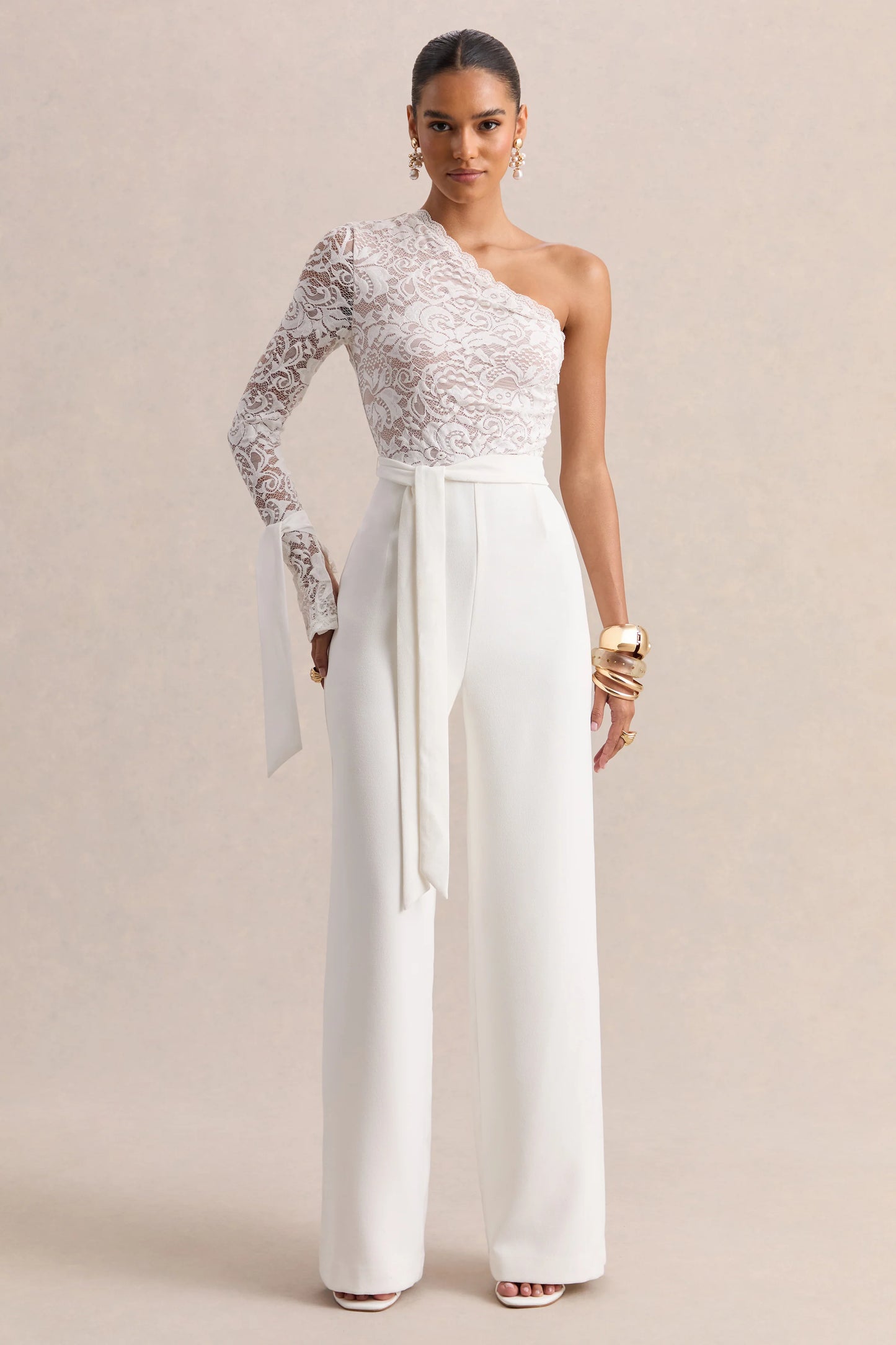 Clarence White Lace Asymmetric-Neck Jumpsuit With Bow-Details
