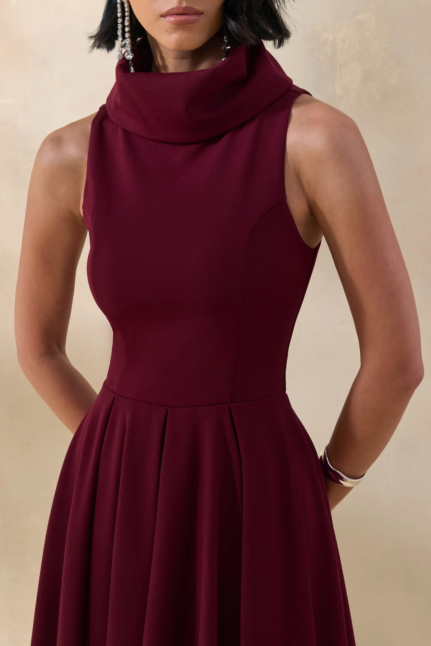 Exclusivity Burgundy High-Neck Midi Dress
