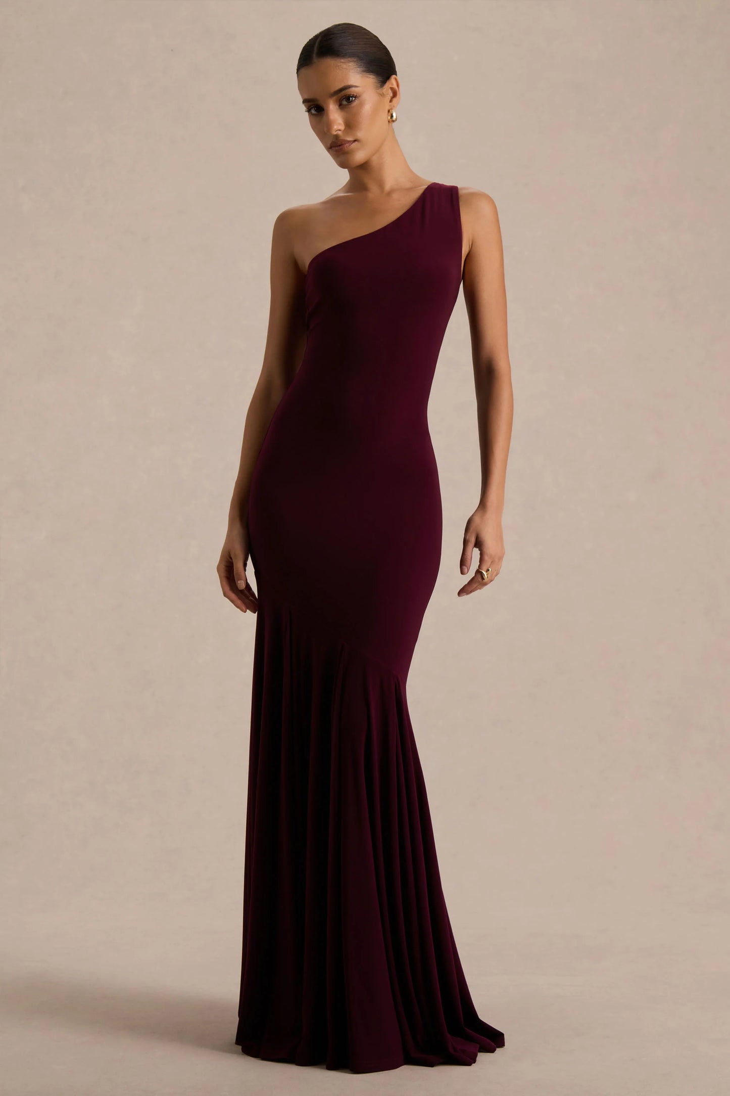 Zya Dark Plum Asymmetric-Neck Fishtail Maxi Dress