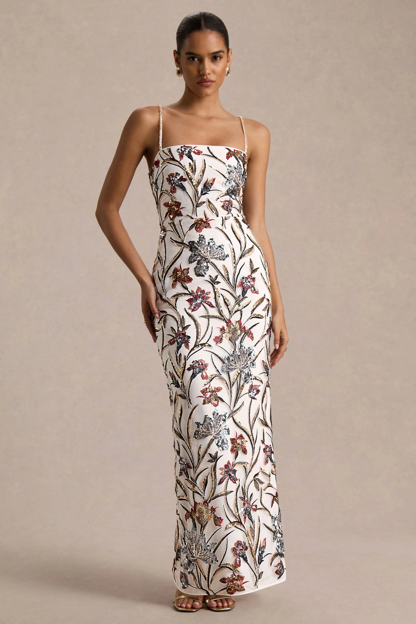 Kyle Cream Sequin Floral Embellished Square-Neck Maxi Dress
