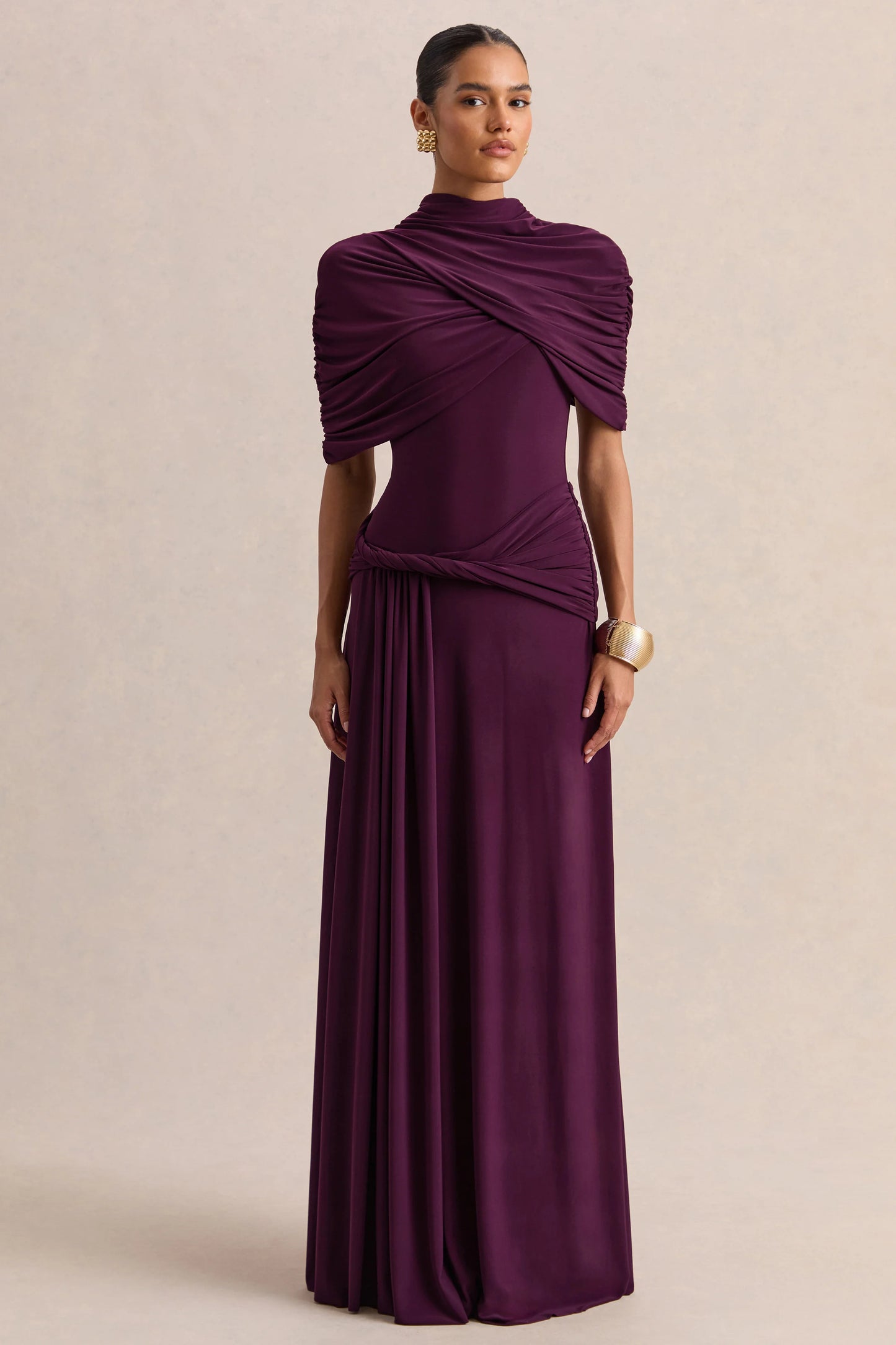 Evelisse Plum High-Neck Maxi Dress With Short-Cape Sleeves