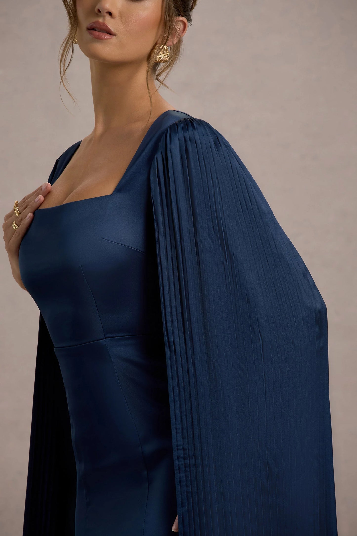 Nalda Navy Square-Neck Midi Dress With Cape Sleeves