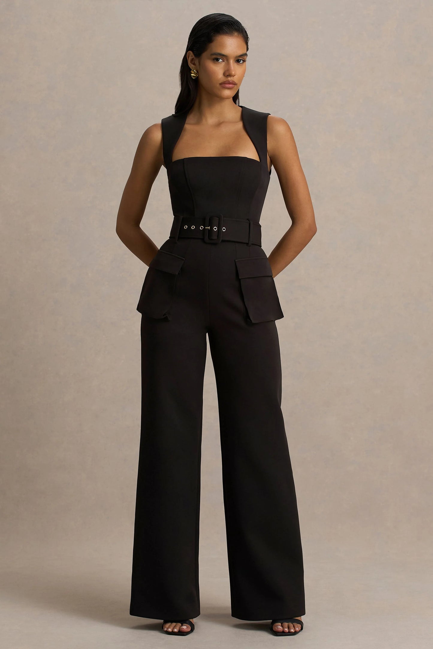 Solice Black Square-Neck Tailored Jumpsuit