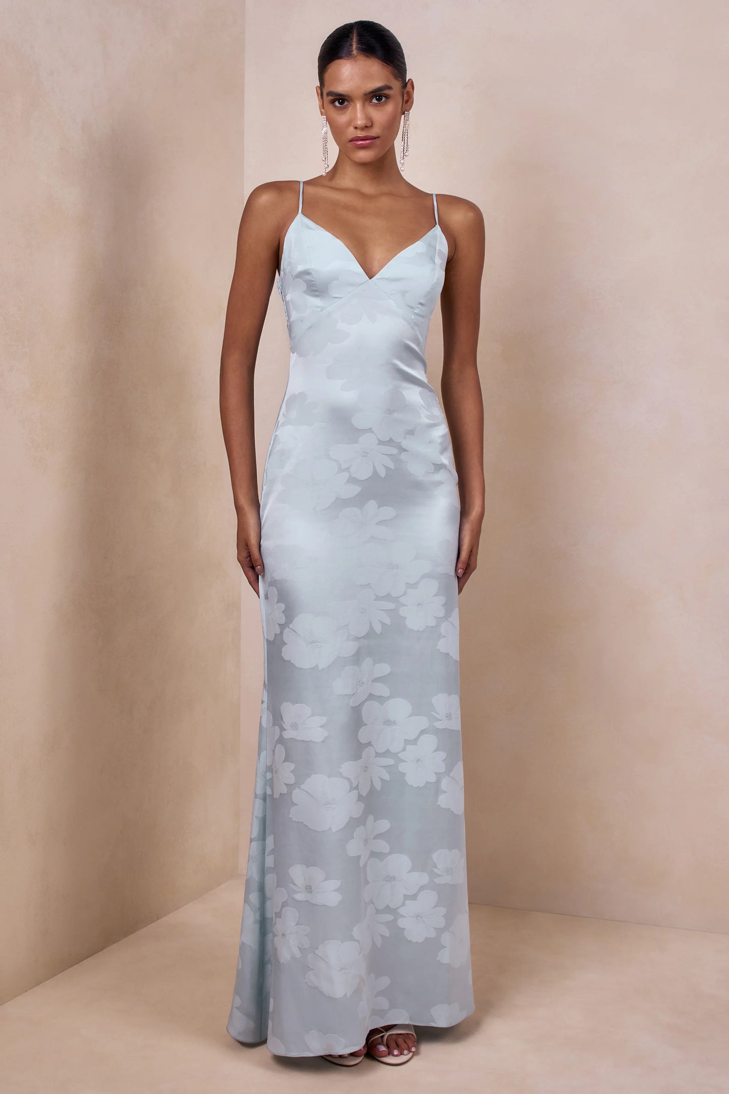 Carelle Powder Blue Satin Plunge-Neck Maxi Dress With Asymmetric Drop-Waist
