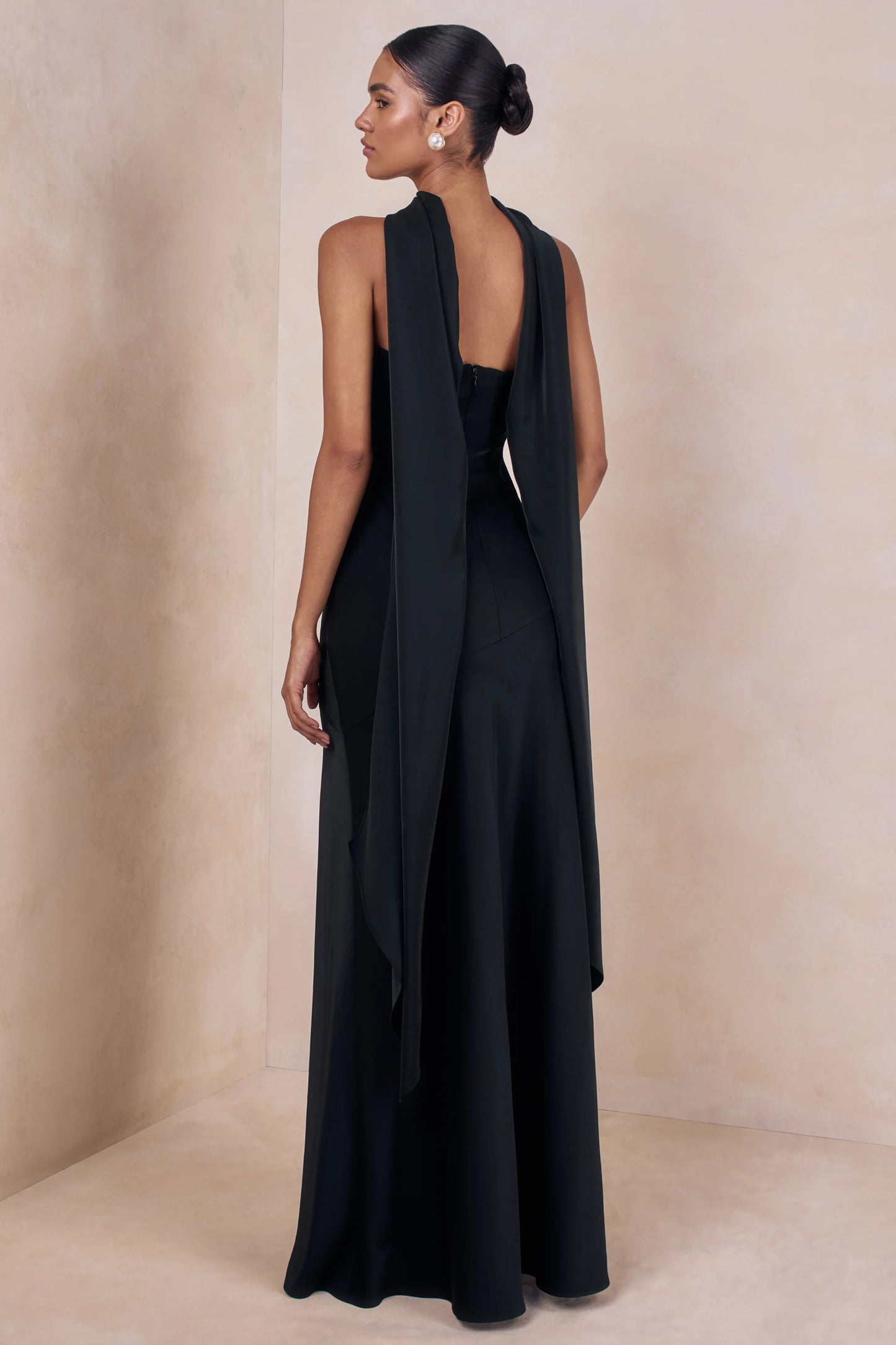Charly Black Matte Satin Bandeau Maxi Dress With Scarf-Detail