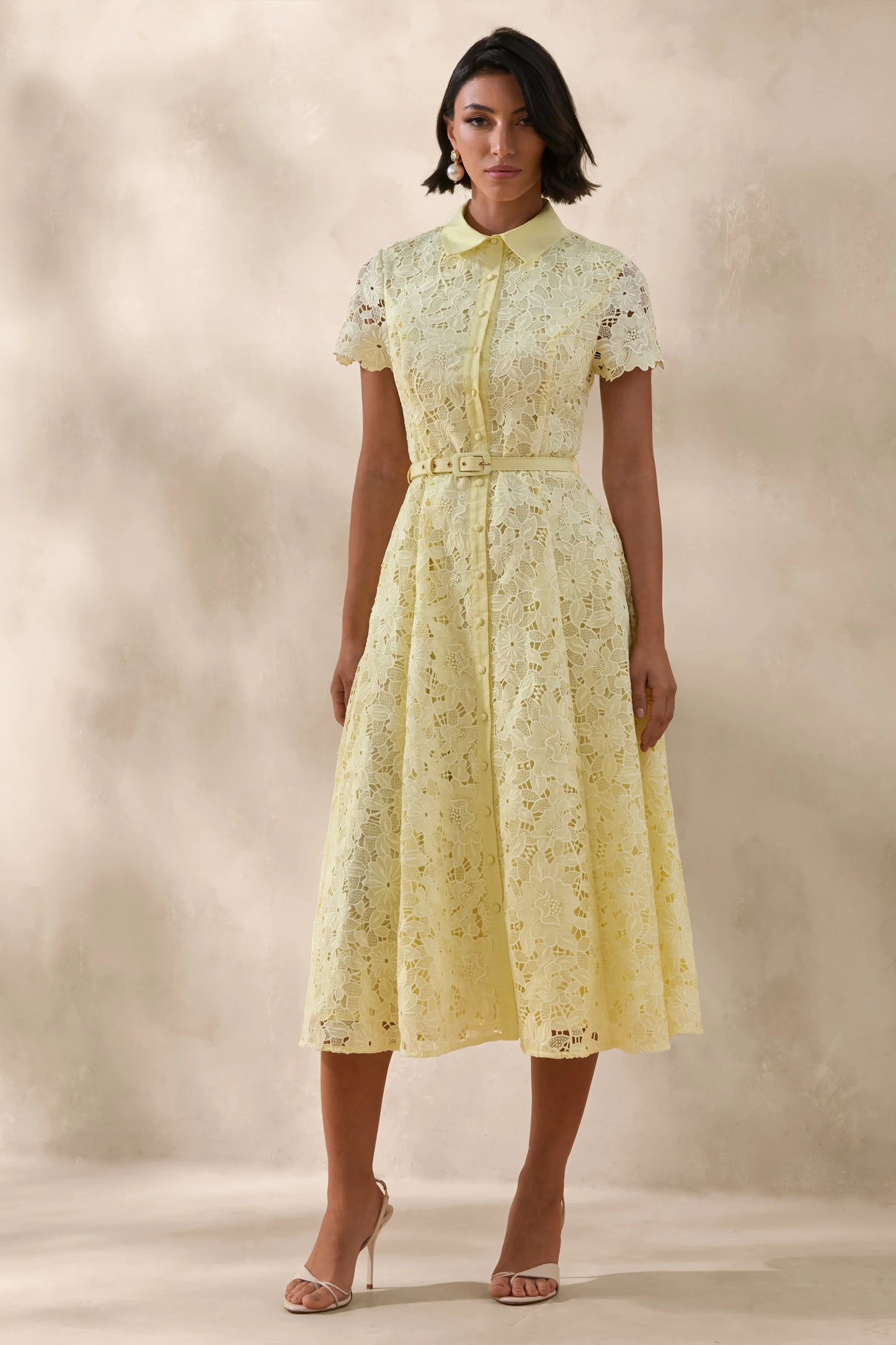 Zalie Yellow Lace High-Neck Belted Midi Dress