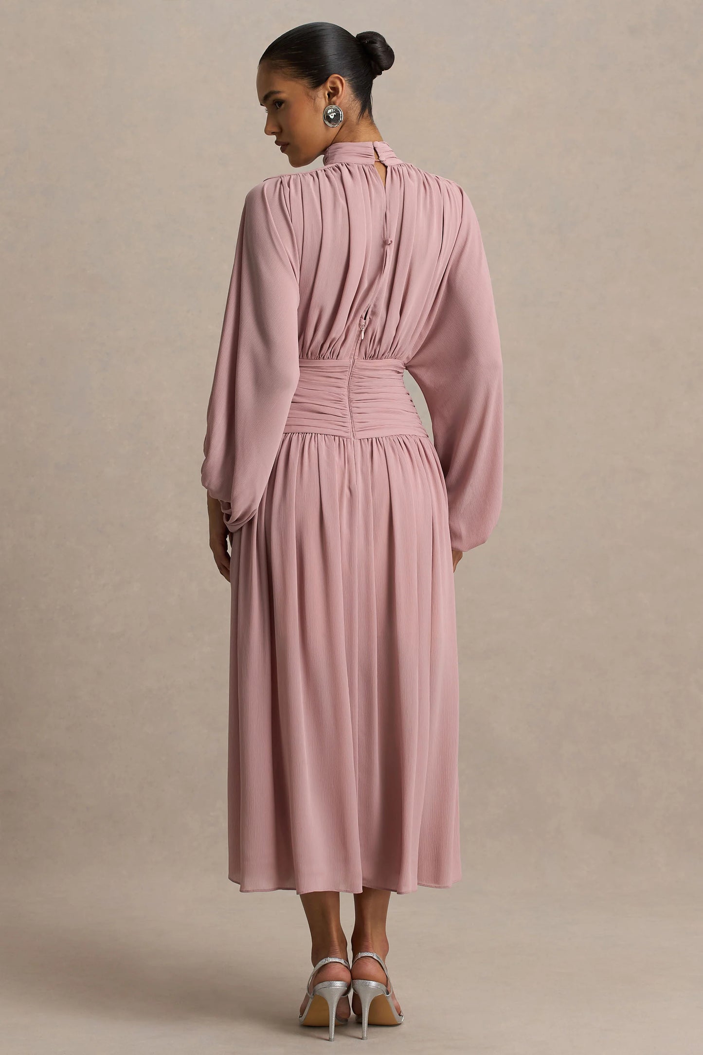 Annabel Dusty Pink High-Neck Midi Dress With Drop-Waist And Pleated Detailing