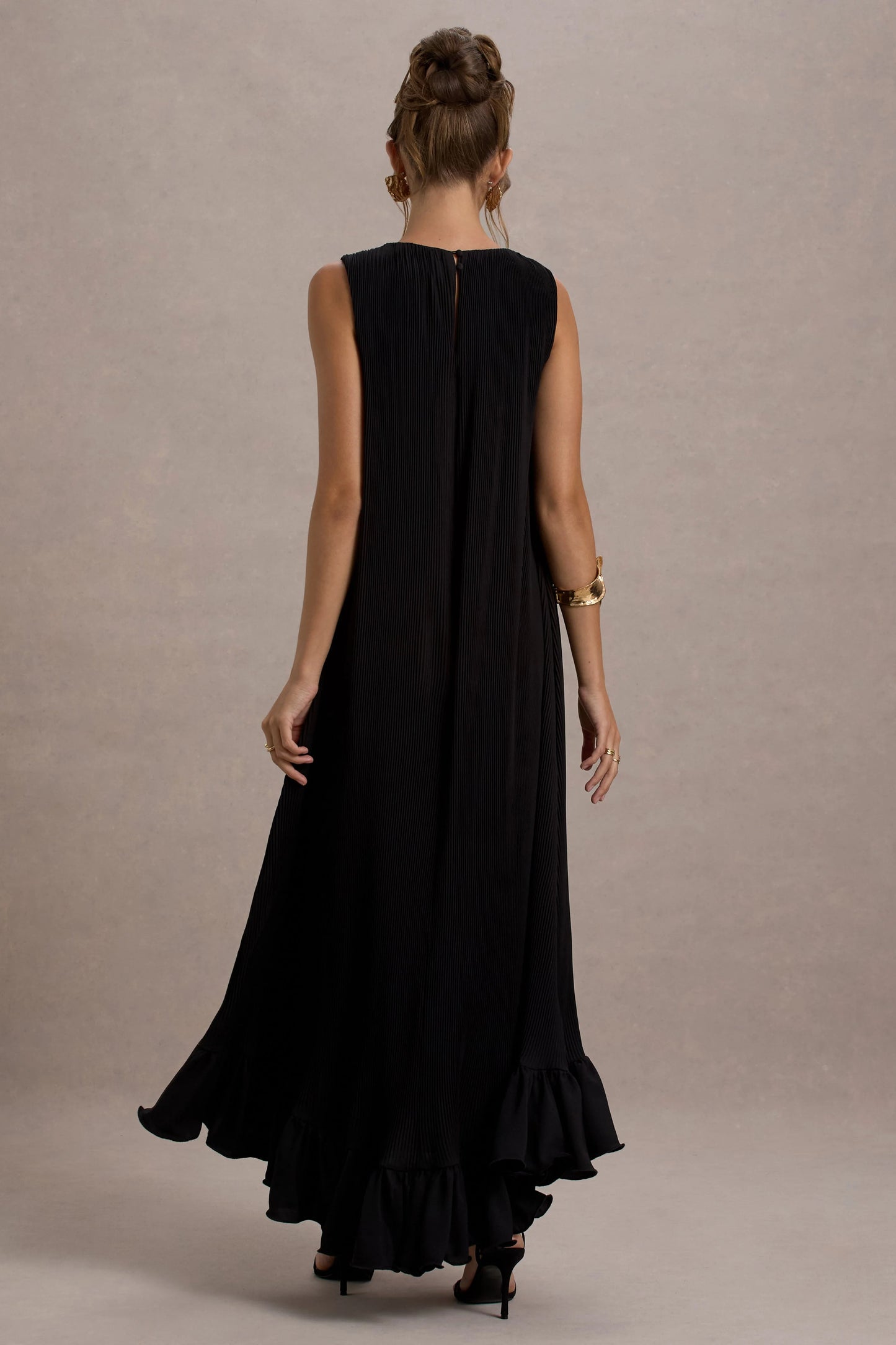 Hazelle Black Chiffon A-Line Ruffled Maxi Dress