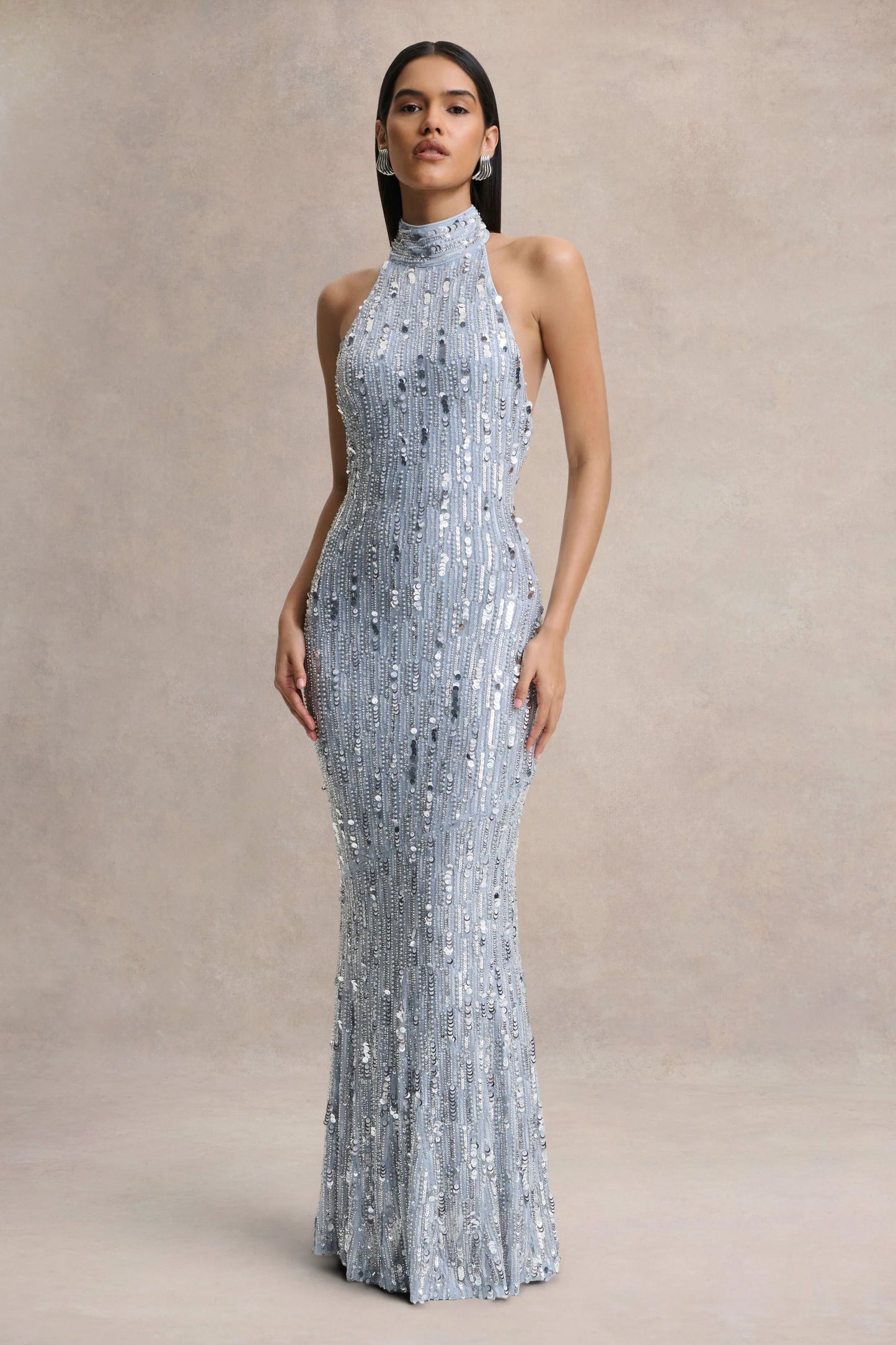 Zaira Silver Sequin High-Neck Maxi Dress With Open-Back