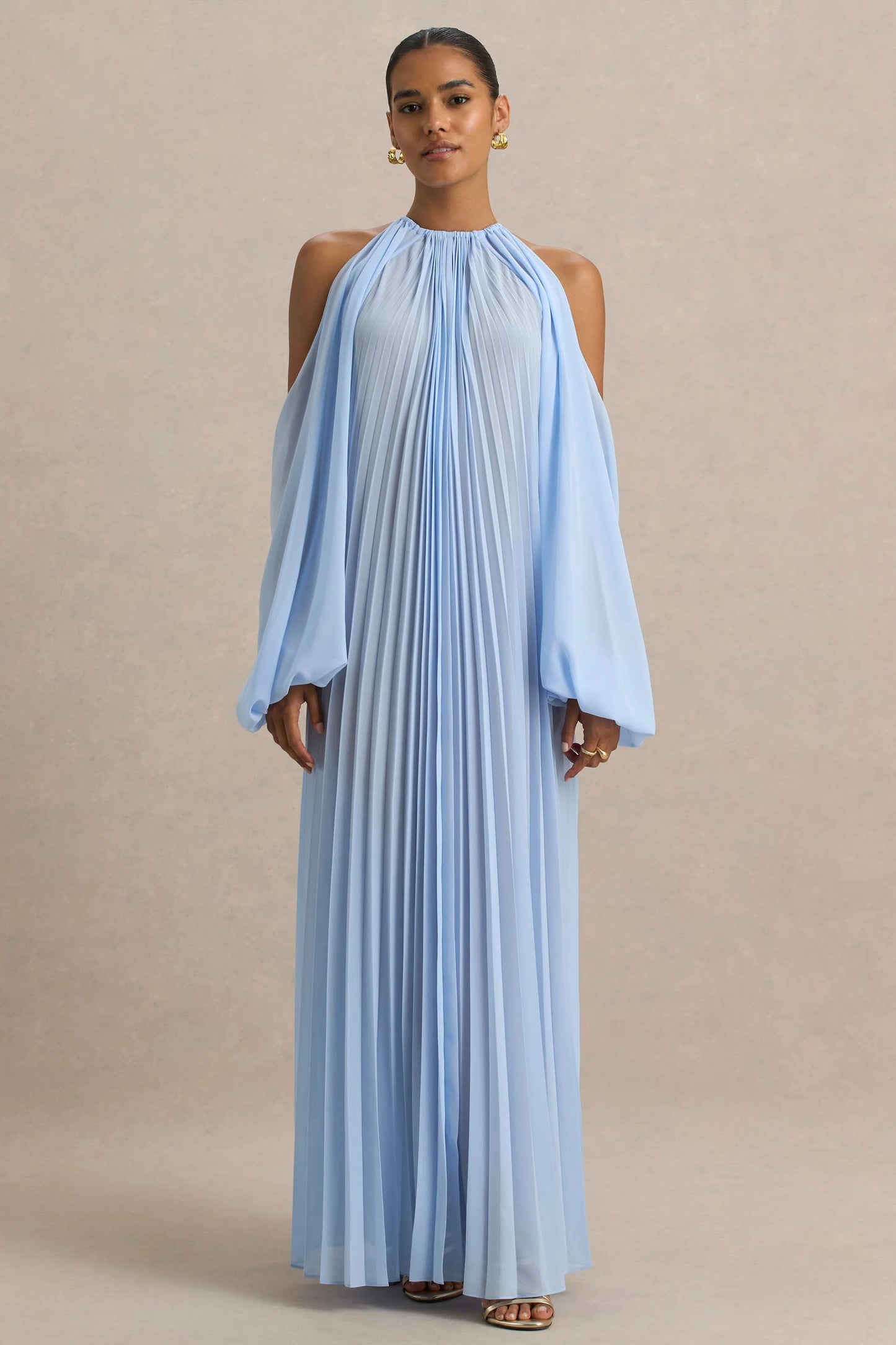 Reyna Powder Blue Pleated Chiffon Cold-Shoulder Maxi Dress