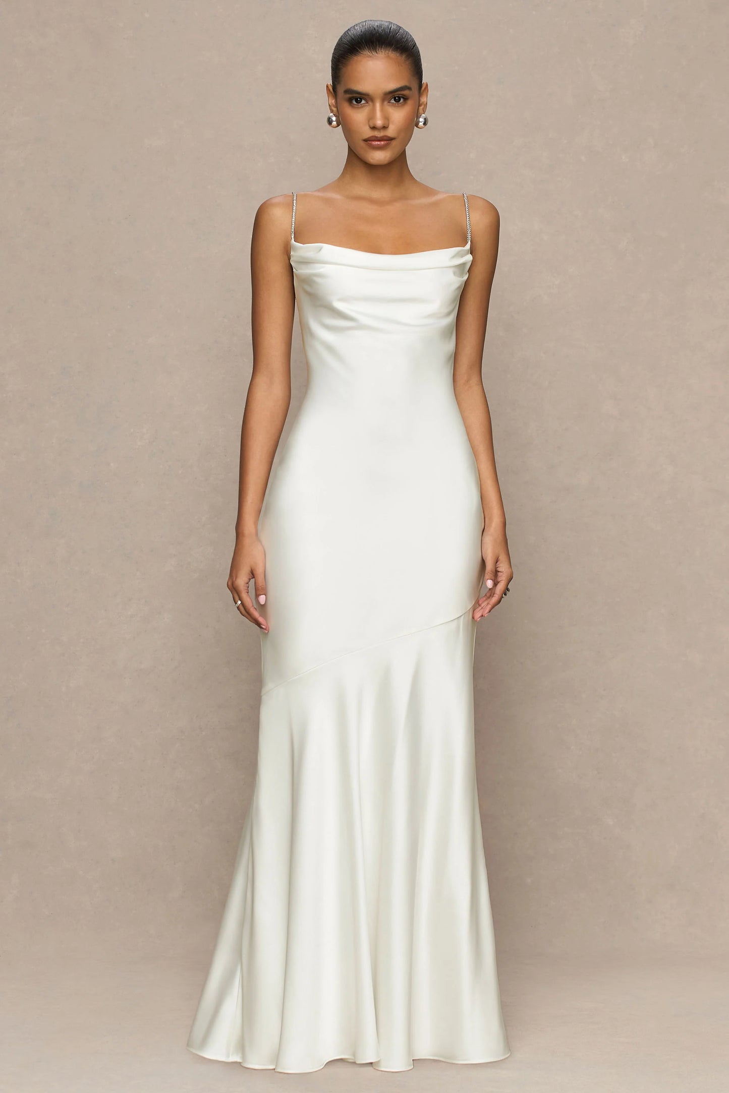 Maelia Cream Satin Cowl-Neck Maxi Dress With Diamante Straps
