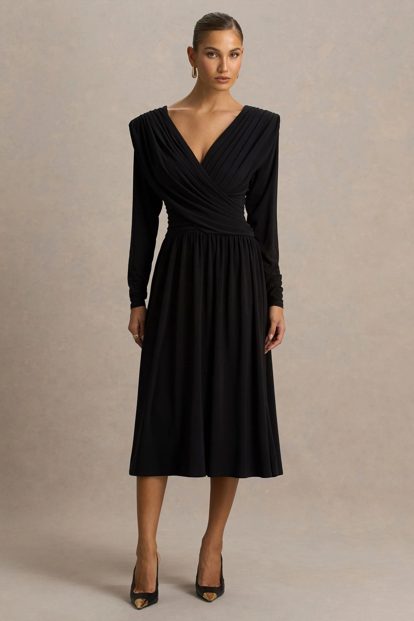 Alexis Black Plunge-Neck Midi Dress With Draped And Ruched Detailing