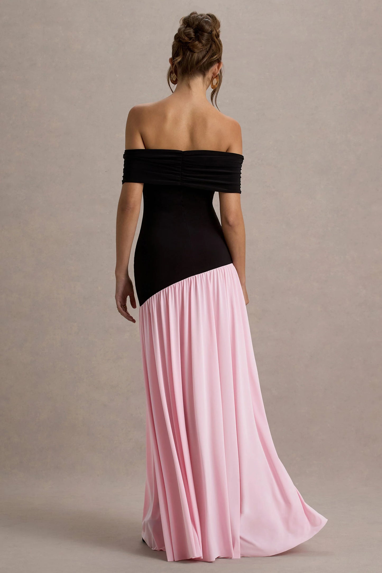 Venezia Black & Pink Bardot Maxi Dress With Drop-Waist