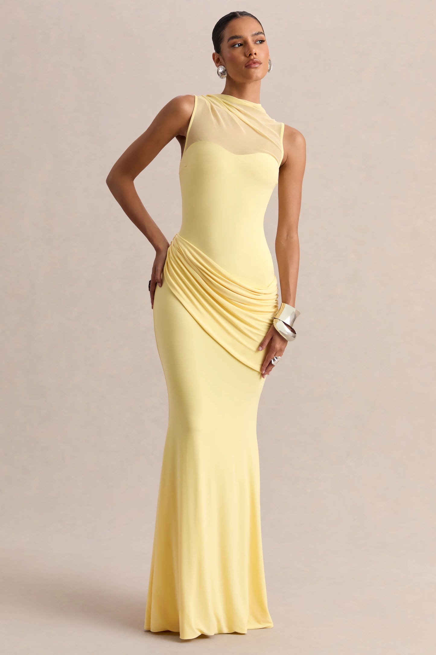 Lyssy Lemon High-Neck Maxi Dress With Mesh-Detail