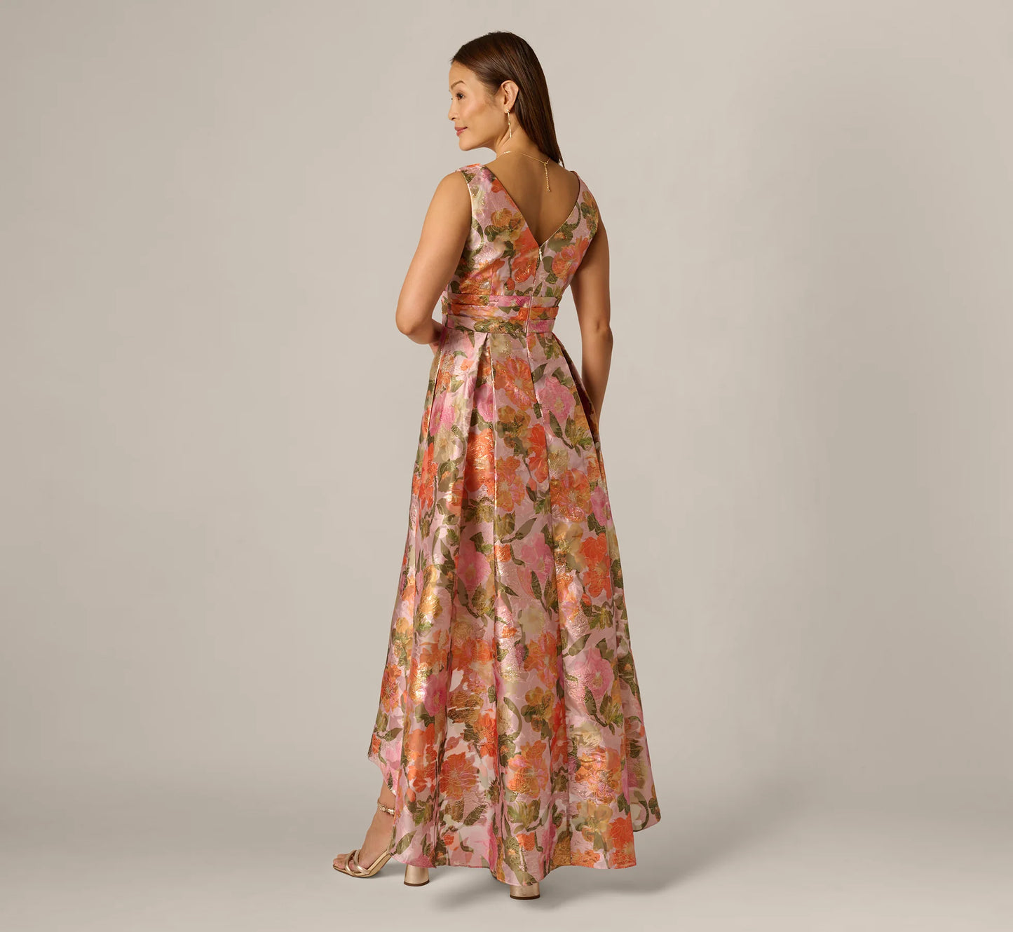 Metallic Floral Jacquard High Low Gown In Yellow Orange Multi