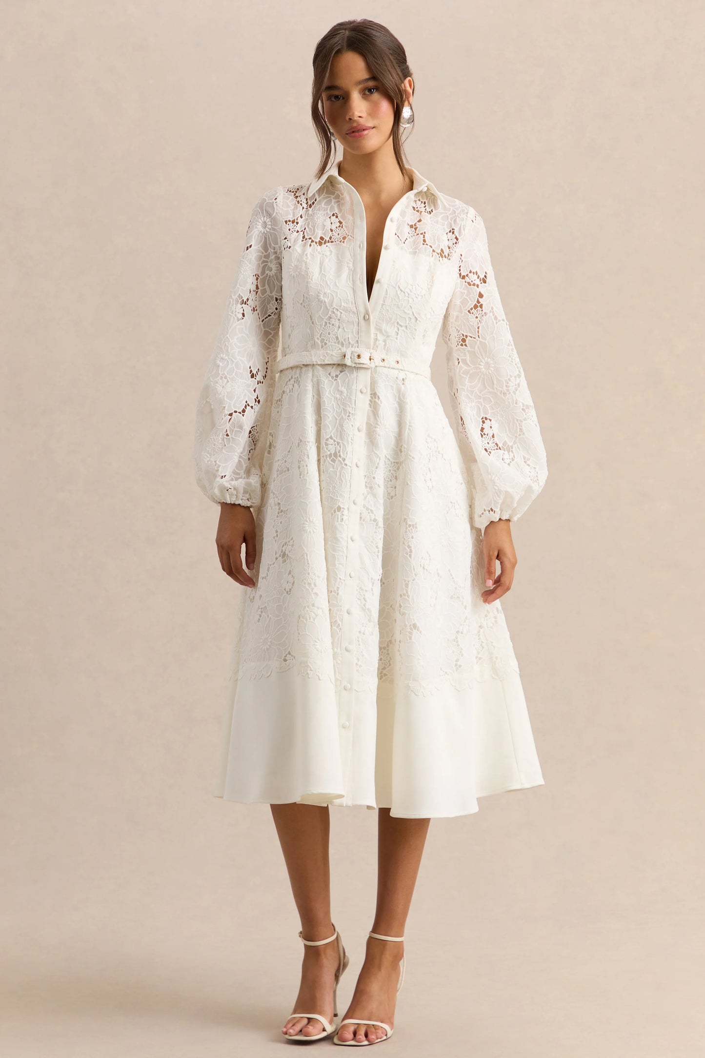 Jules Cream Broderie High-Neck Tailored Midi Dress With Puff-Sleeves
