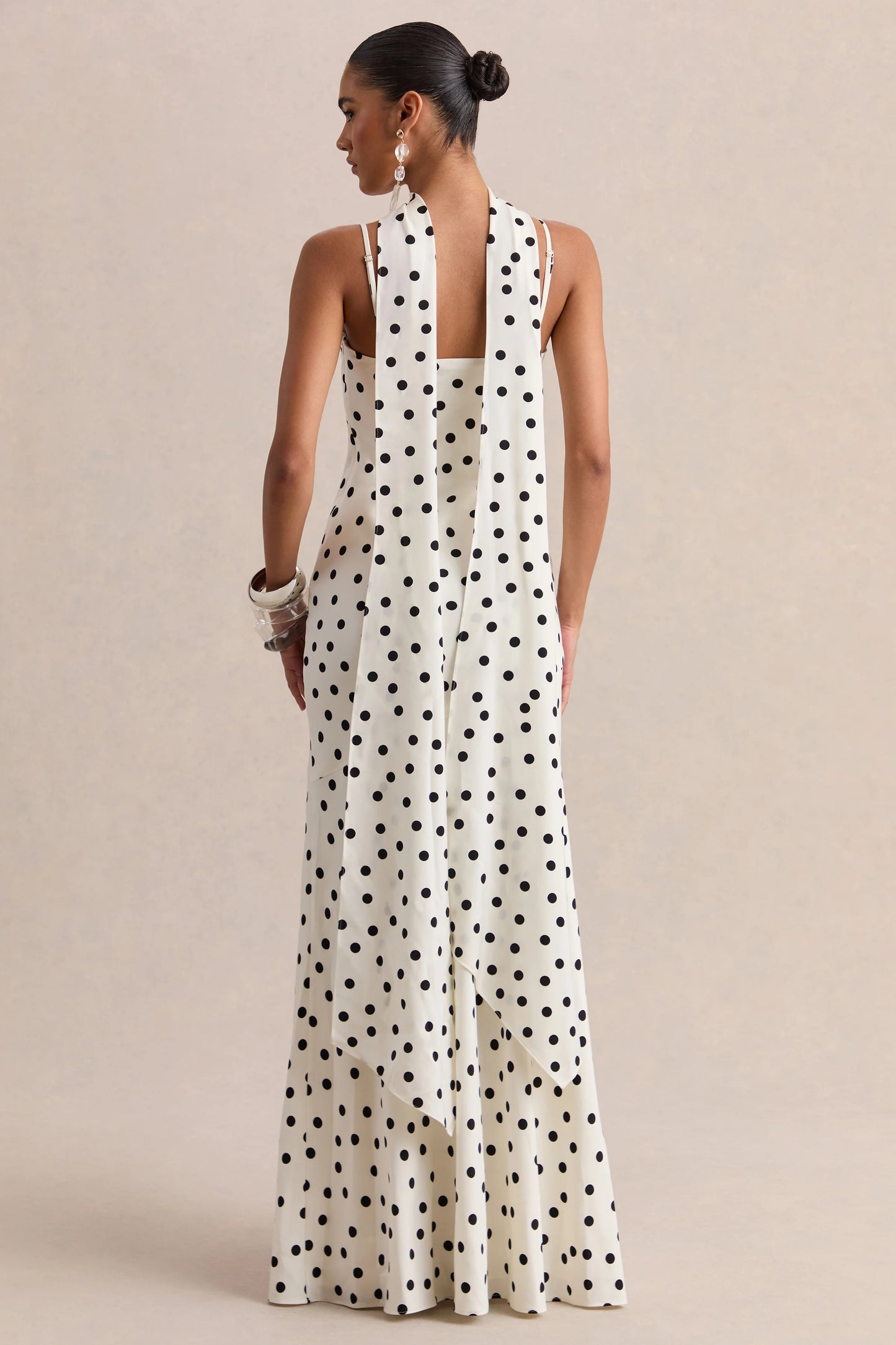 Starling White & Black Polka Dot Matte Satin Plunge-Neck Maxi Dress With Scarf-Detail