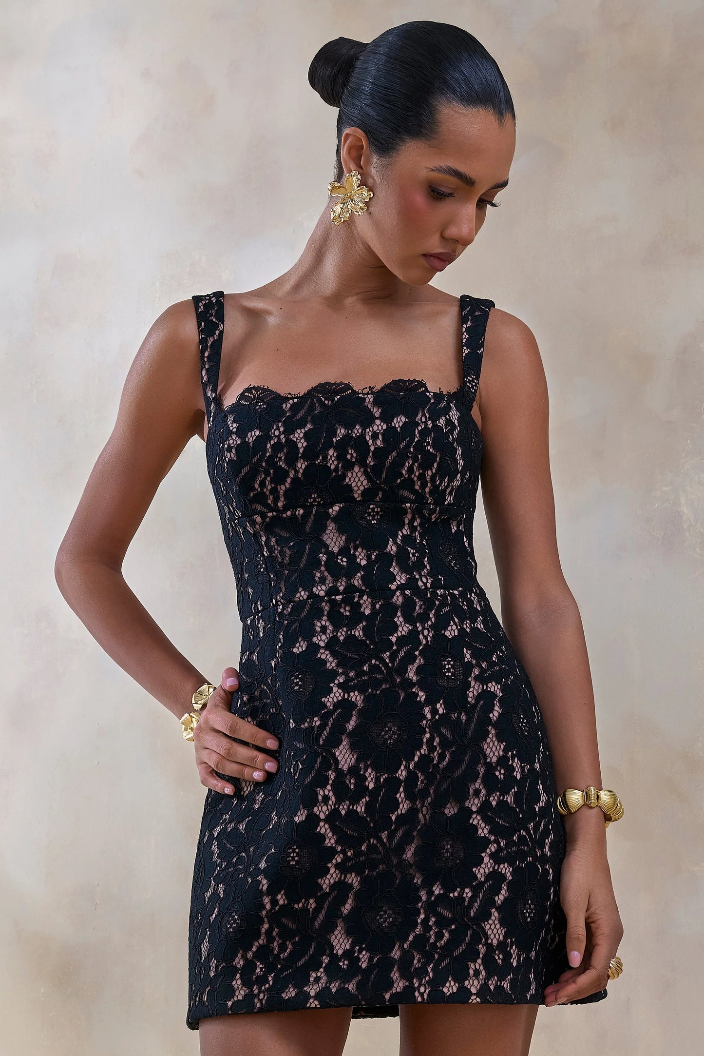 Orelisse Black Lace Square-Neck Mini Dress