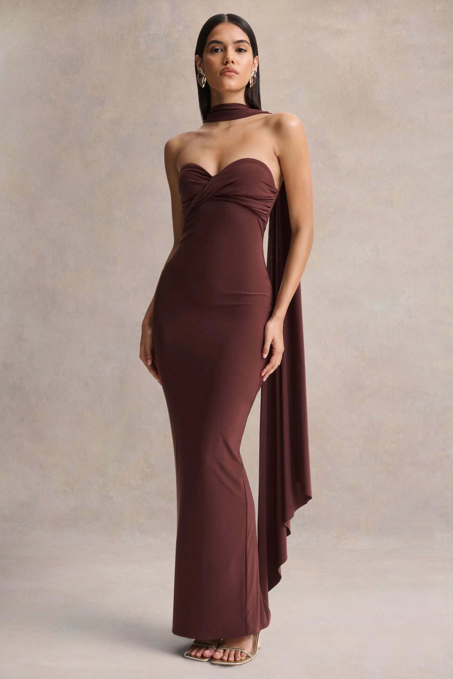 Sheila Dark Brown Bandeau Maxi Dress With Scarf Detail