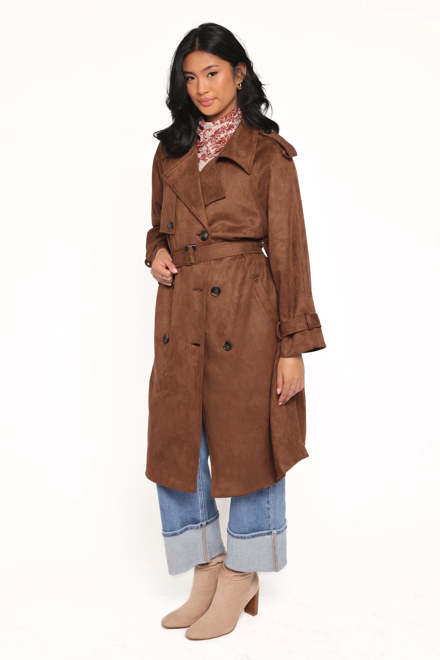 Micha Faux Suede Trench Coat - Brown