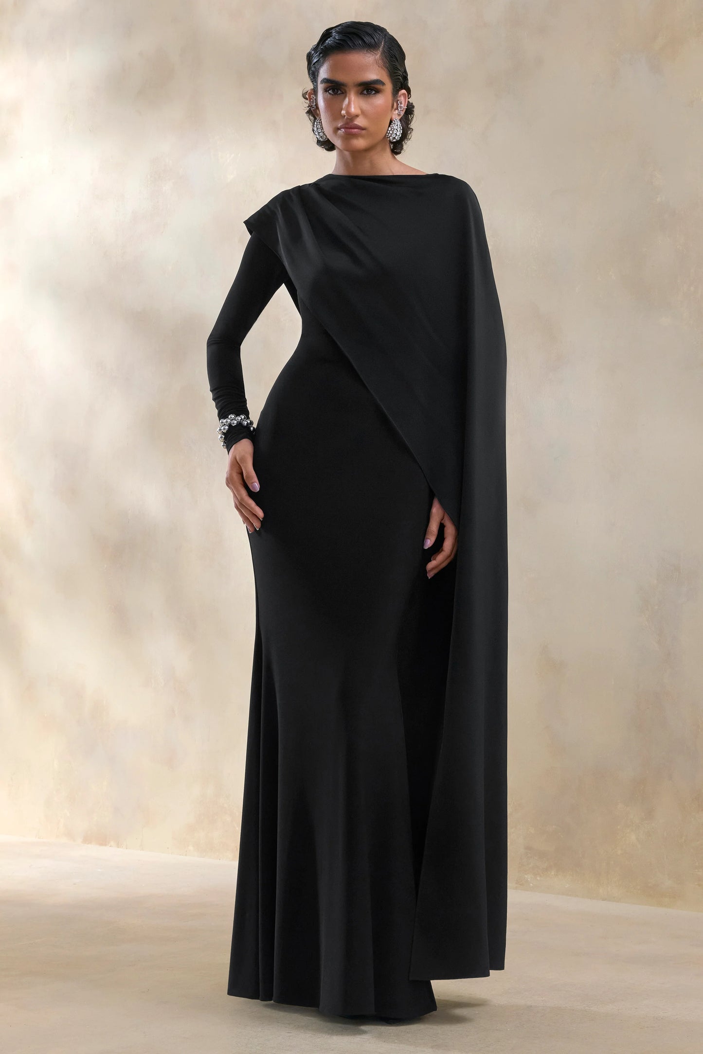 Salenne Black Wide-Neck Maxi Dress With Satin Asymmetric-Cape
