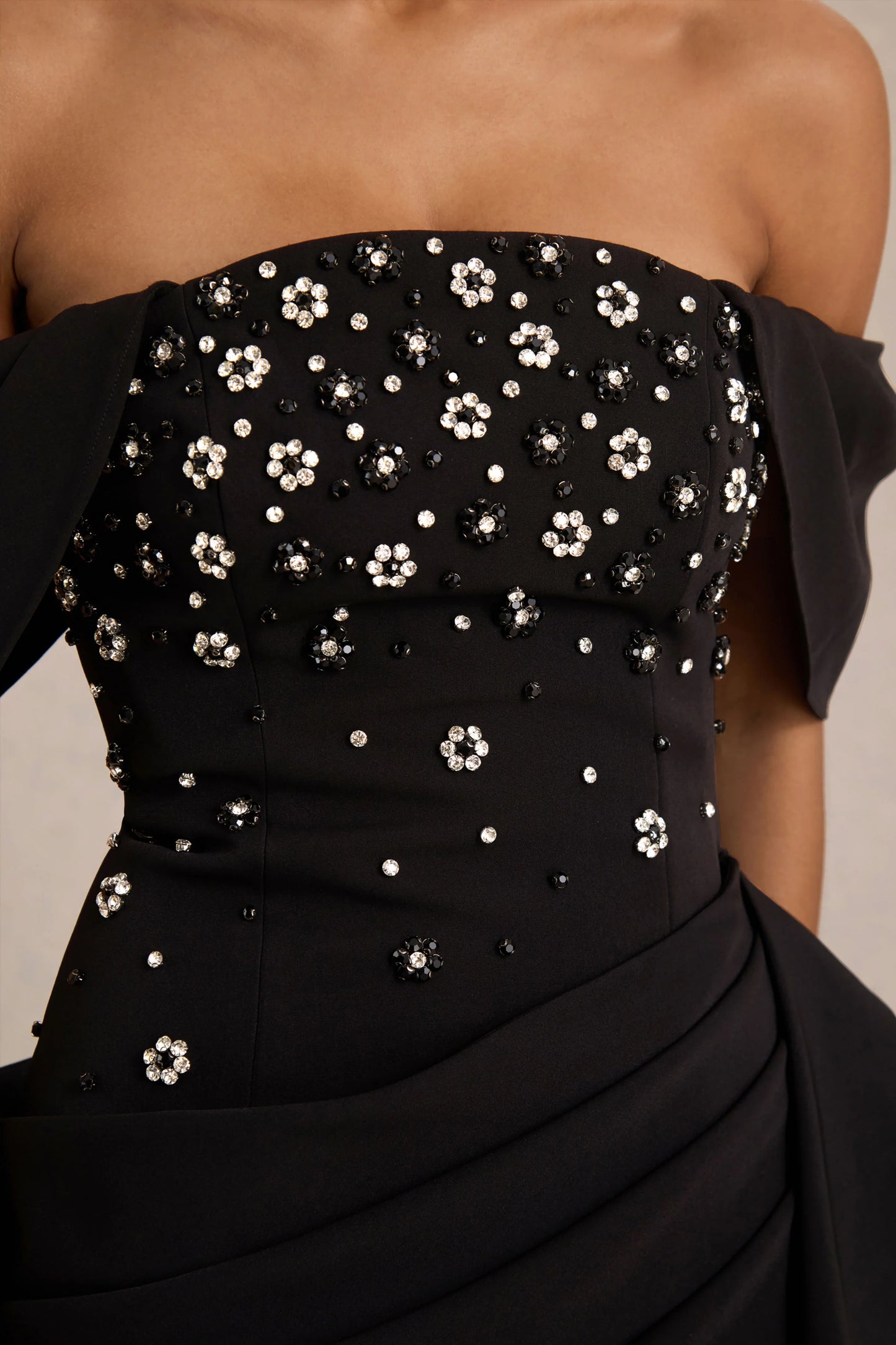 Sylvia Black Hand-Embellished Bardot-Neck Midi Dress With Draped Satin-Wrap Skirt