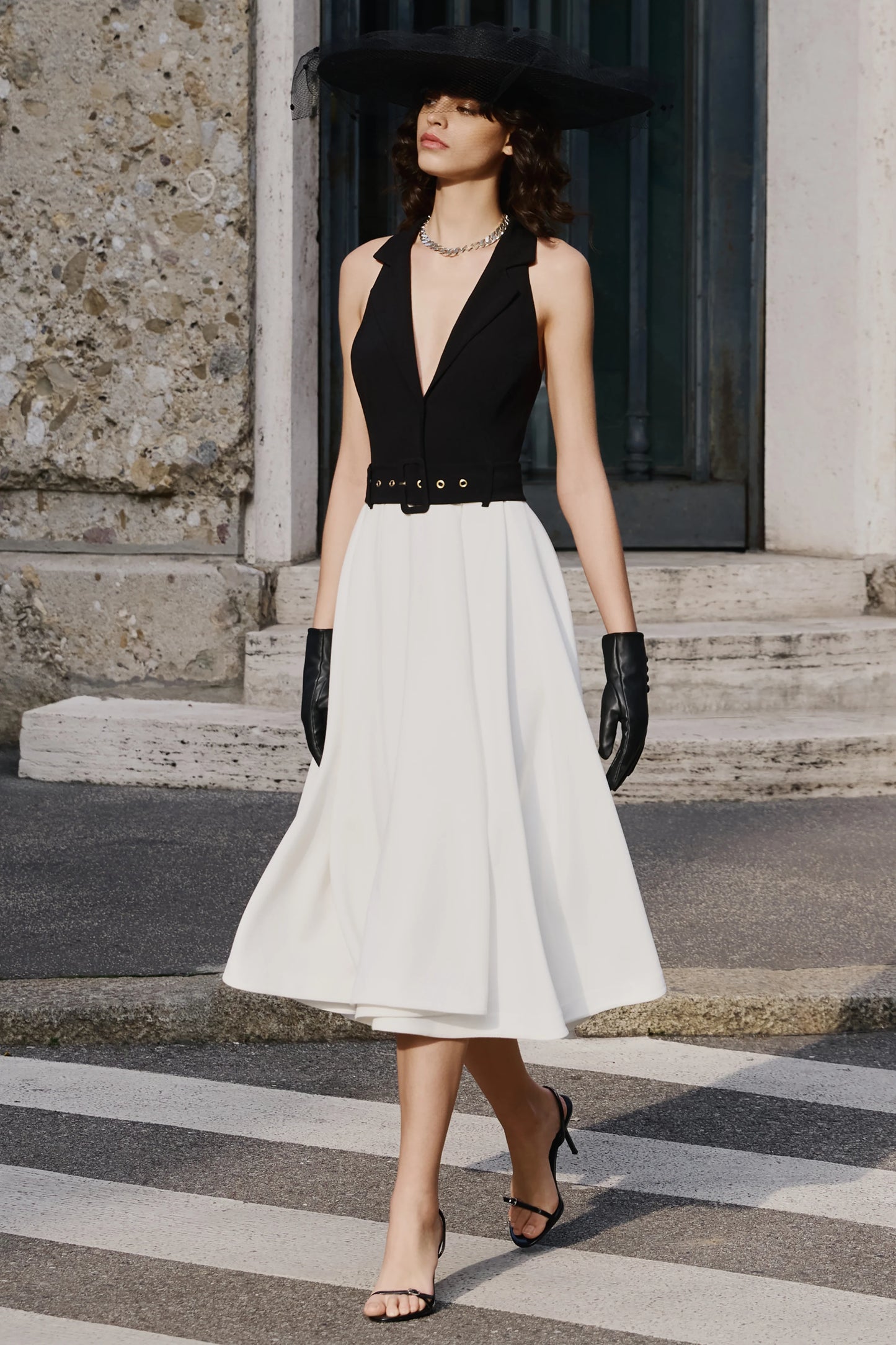 Alessa Black & White Plunge-Neck Tailored Midi Dress