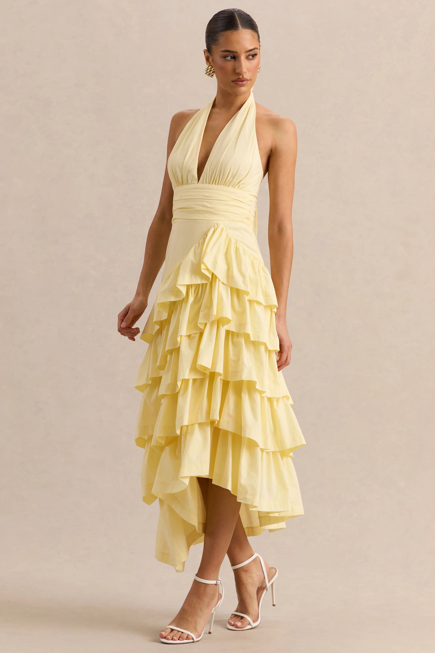 Velora Lemon Asymmetric Midi Dress With Tiered-Ruffled Skirt